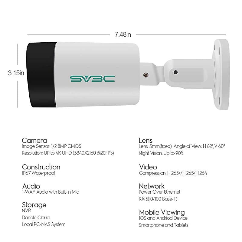 Outdoor IP Camera POE Onvif H265  UltraHD 4K 8MP POE Camera with Audio Recording 3840x2160 5mm Lens Heavy Duty Housing IP67 Waterproof WhiteSeries A