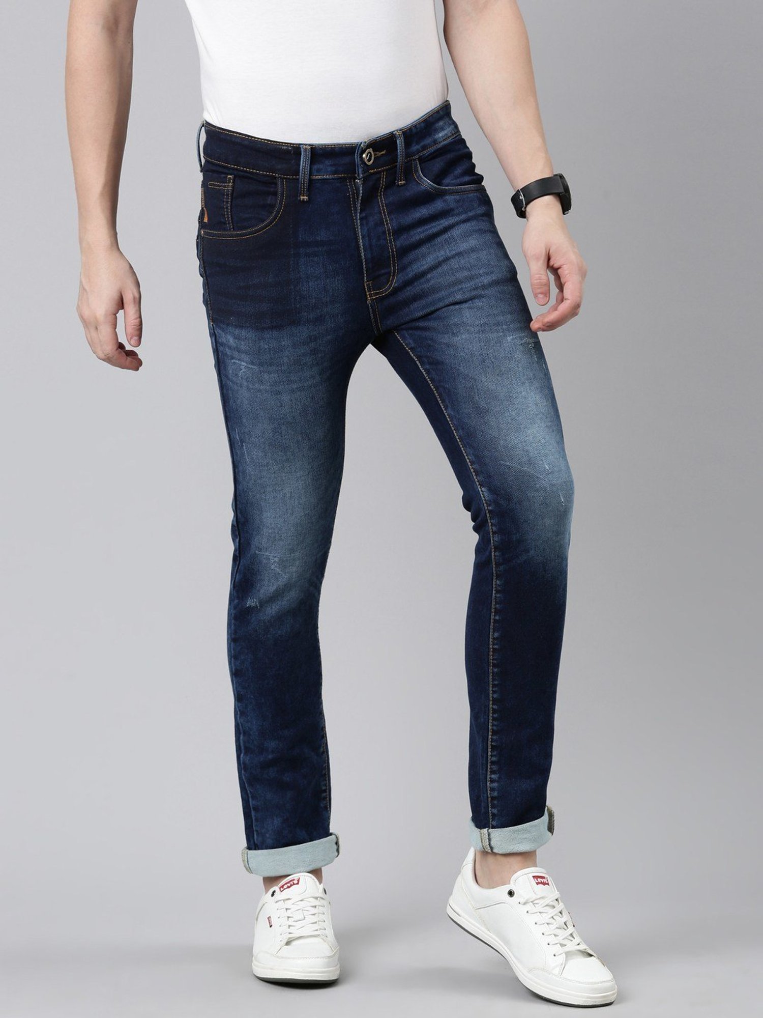 CINOCCI Denim Blue Cotton Slim Fit Jeans