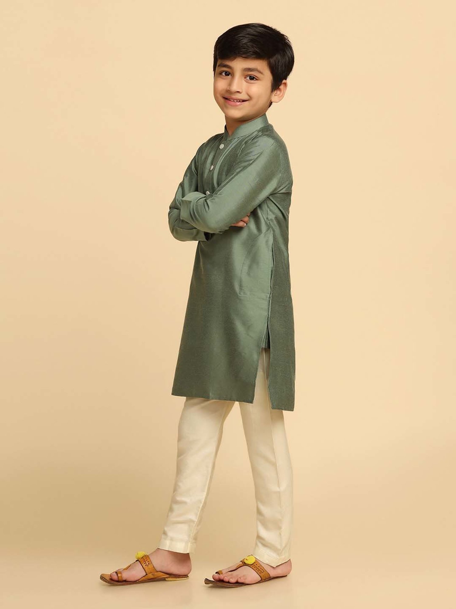 KISAH Kids Green Cotton Regular Fit Full Sleeves Kurta
