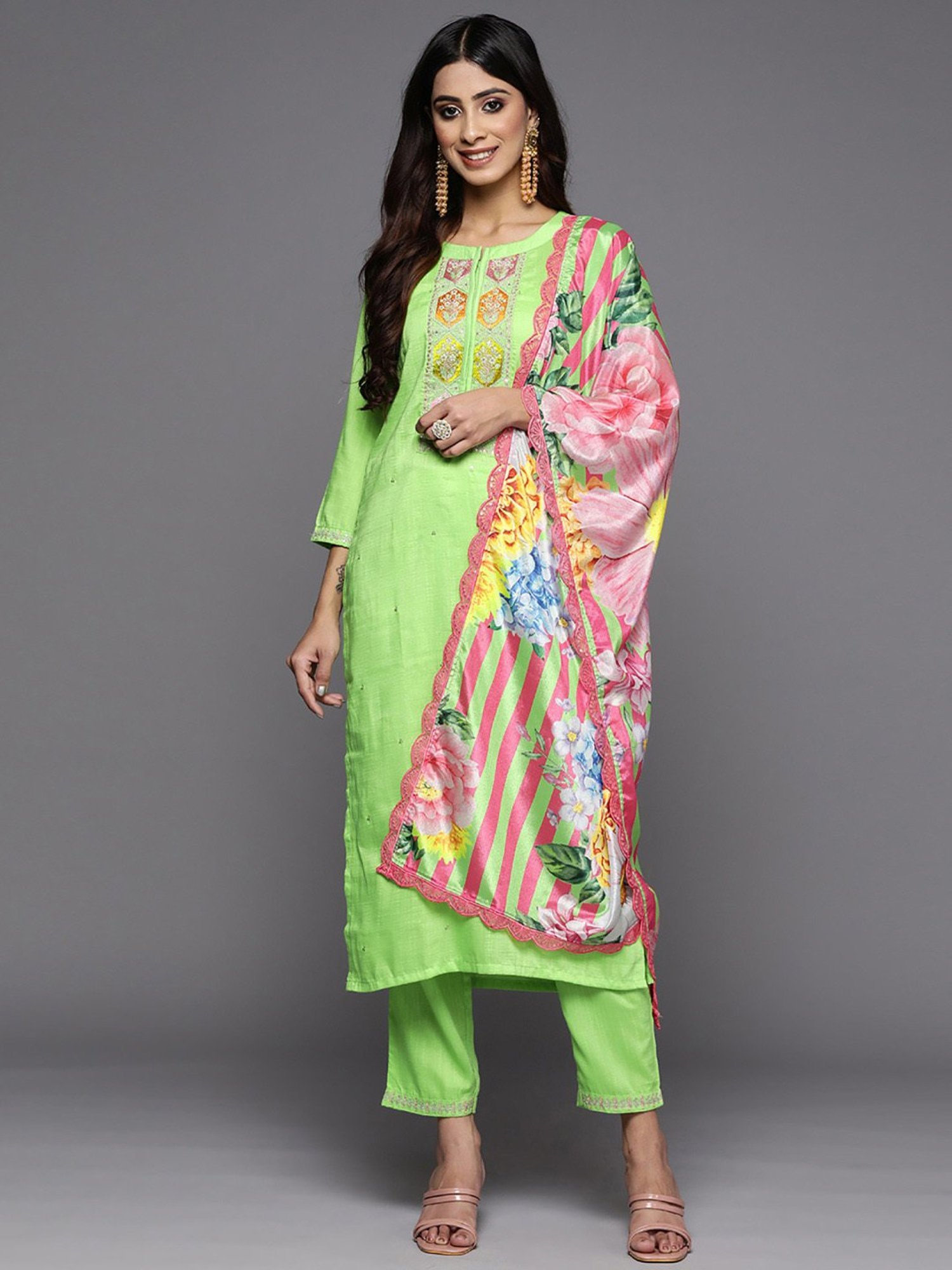 Indo Era Green Embroidered Kurta Pant Set With Dupatta