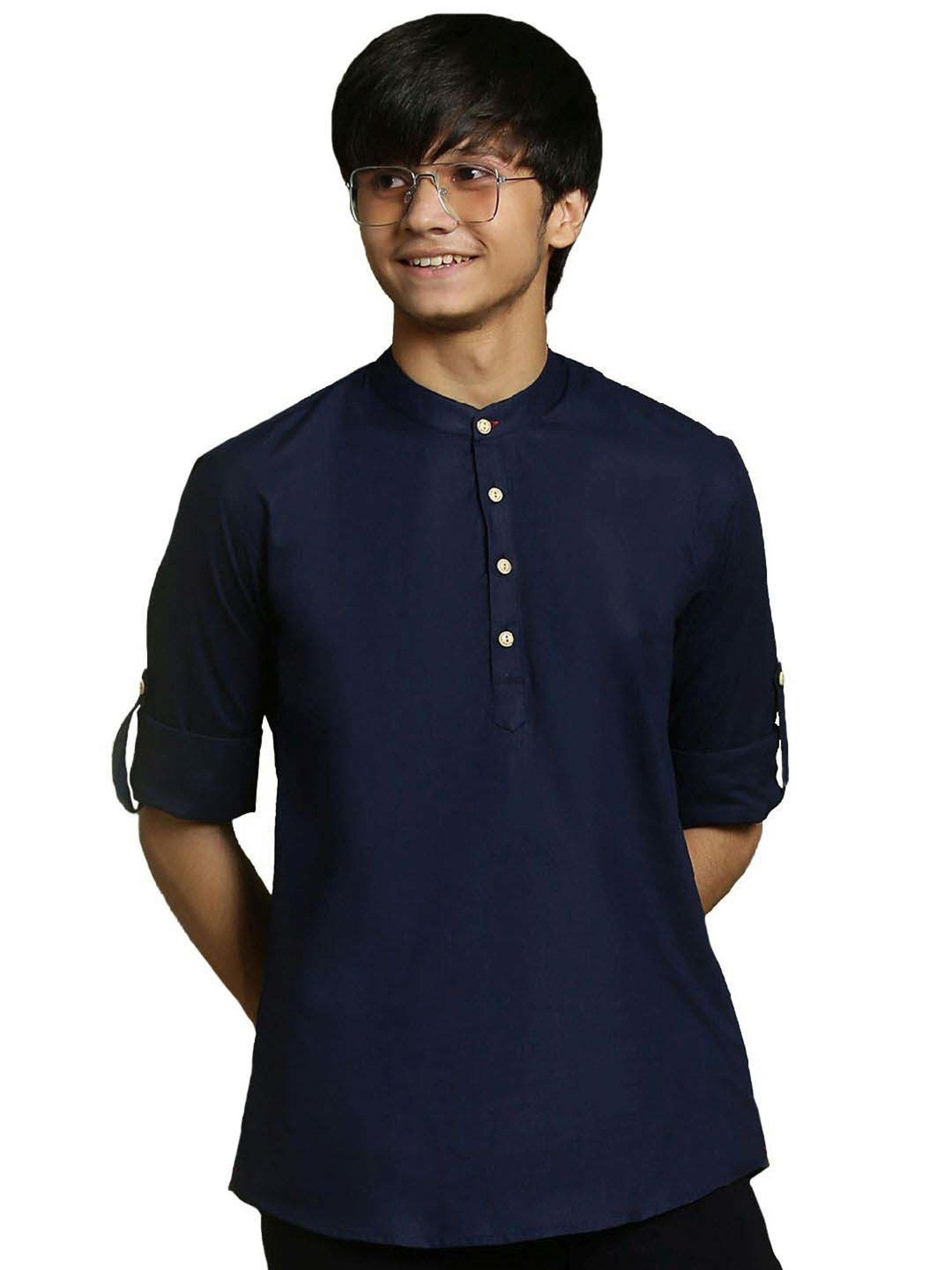 VASTRAMAY Boys Navy Solid Full Sleeves Kurta
