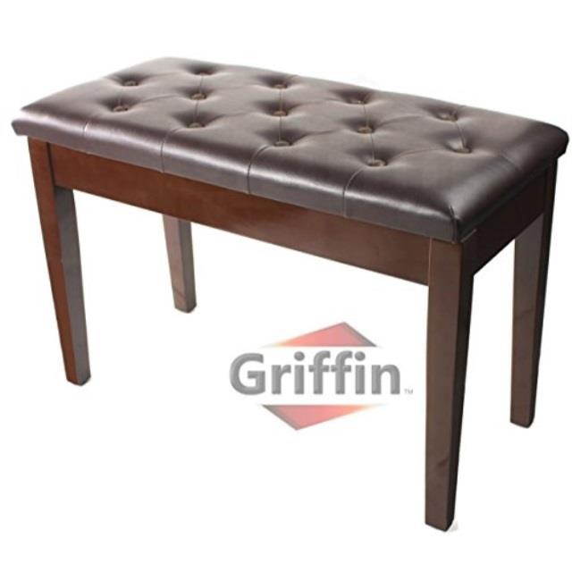 GRIFFIN Brown Wood PU Leather Piano Bench | Double Vintage Design, Ergonomic Chair Musicians Keyboard Stool | Cushion Duet Seat & Sheet Music Storage Space | For Guitar Stool or Home Vanity Bench