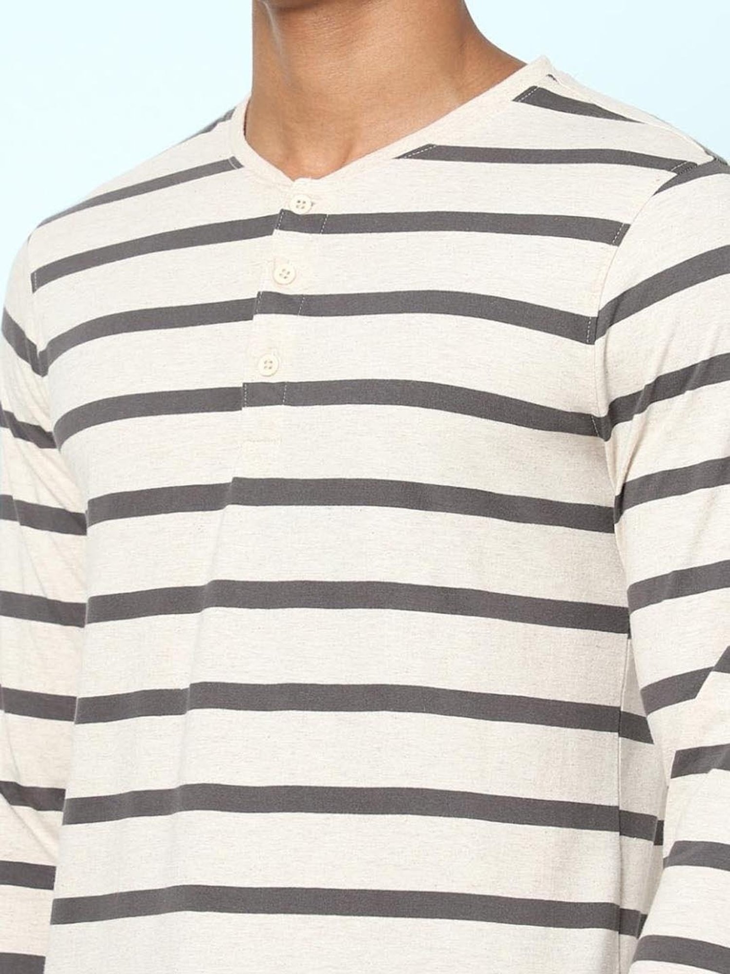 Ajile by Pantaloons Oat Melange Cotton Slim Fit Striped Lounge T-Shirt