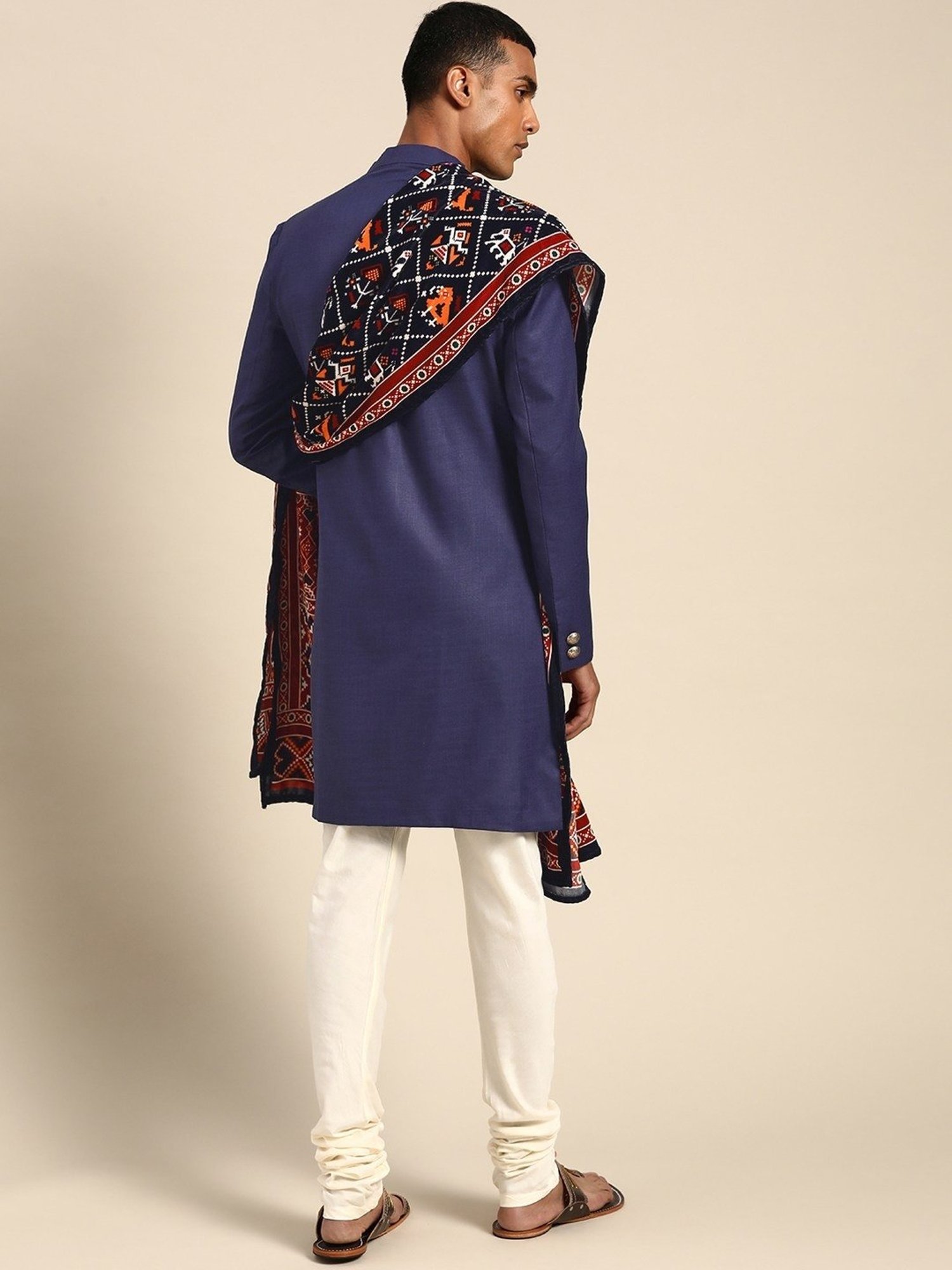 KISAH Navy Cotton Regular Fit Printed Sherwani Set