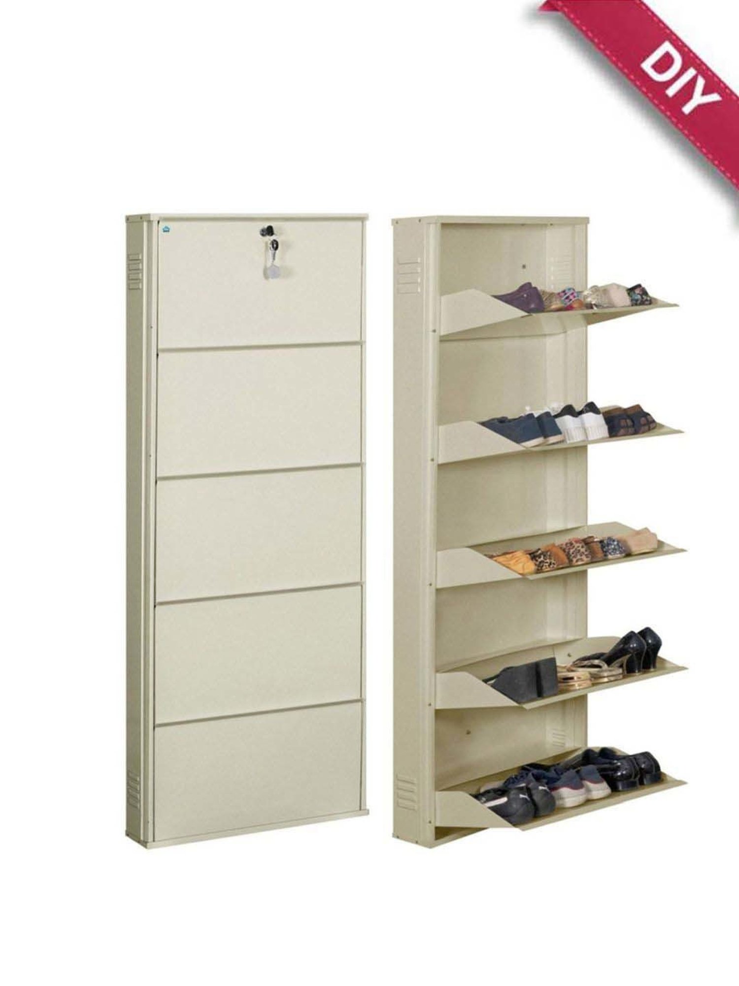 Delite Kom Metal Shoe Rack - 24" 5 Shelf, Ivory, PowderCoat, Wall Mount, DIY