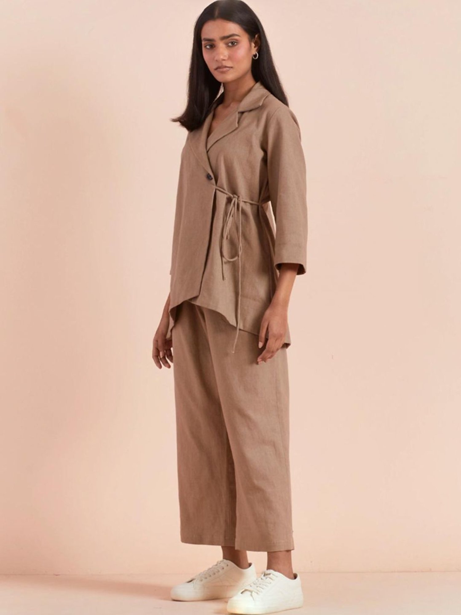 Priya Chaudhary Beige Yasha Twill Cotton Top With Pants - Set Of 2