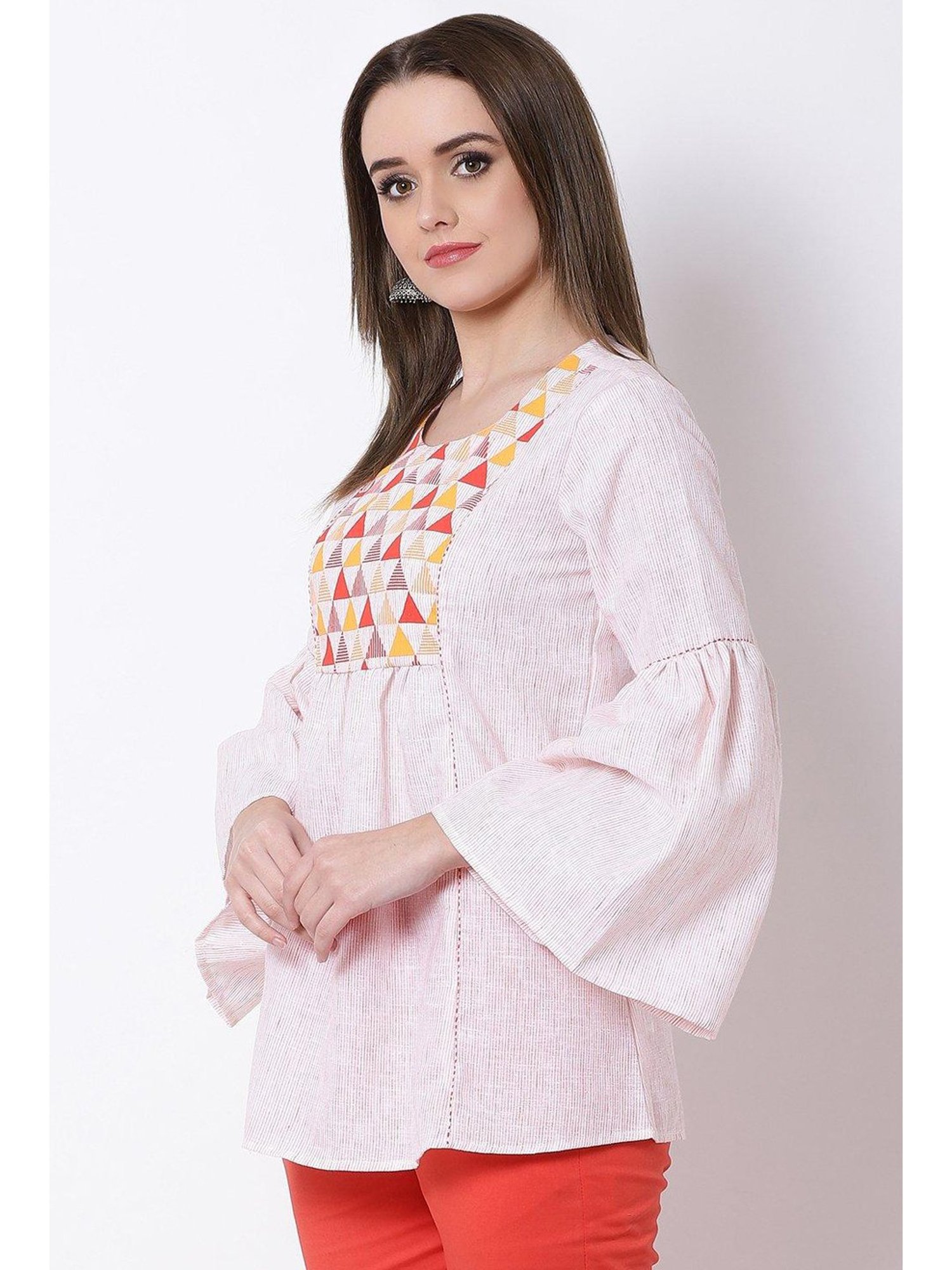 Rangriti White Cotton Printed Top