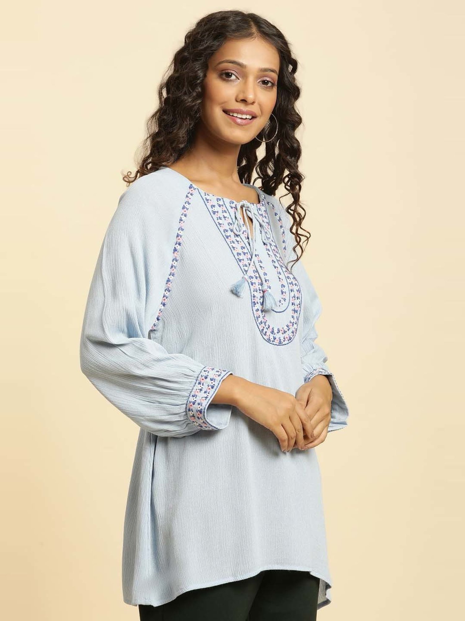 W Blue Embroidered Top