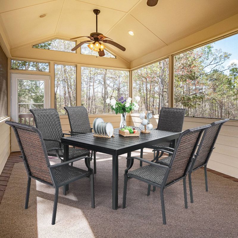 7pc Patio Dining Set with Rattan Arm Chairs & Rectangle Concertina Steel Table - Captiva Designs