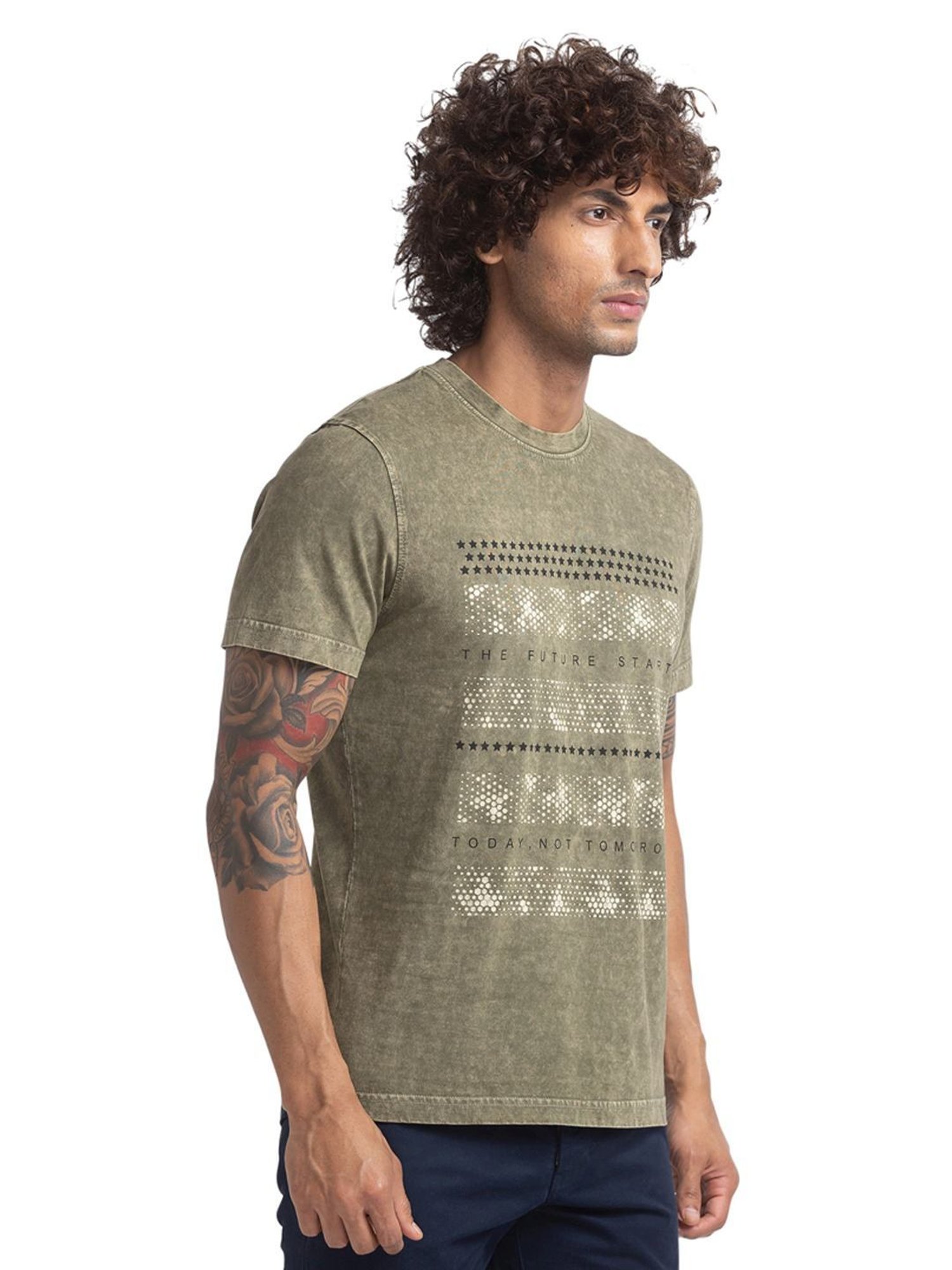 Parx Green Cotton Regular Fit Printed T-Shirt