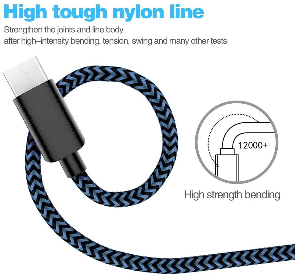 USB Type C Cable 5Pack (3/3/6/6/10FT) Nylon Braided USB C Cable Fast Charger Charging Cord Compatible Samsung Galaxy S9 S8 Note 9 Note 8 PlusLG V30 G6 G5 V20Google Pixel Moto Z2 and More (Blue)