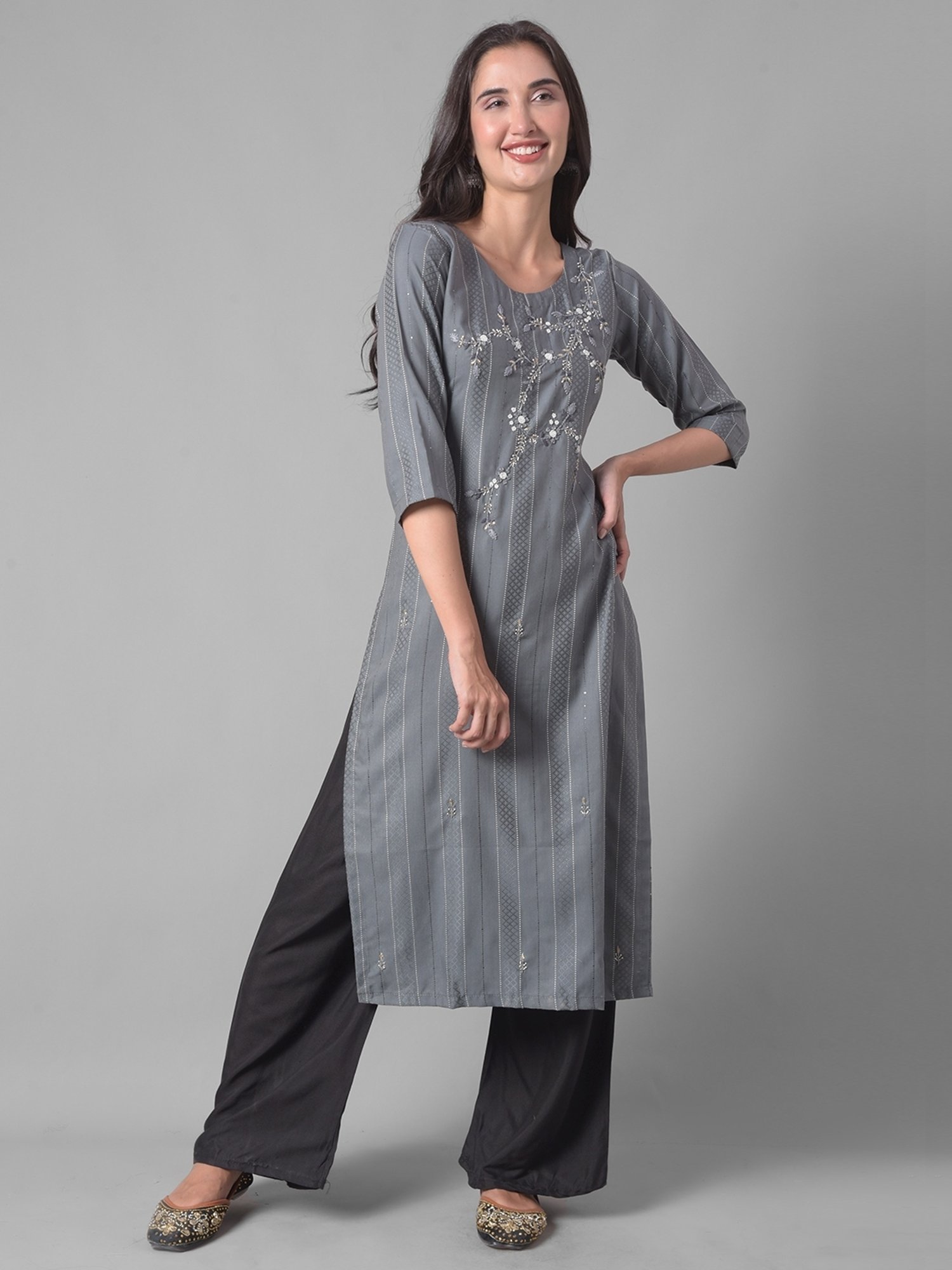 Dollar Missy Grey Embroidered Straight Kurta