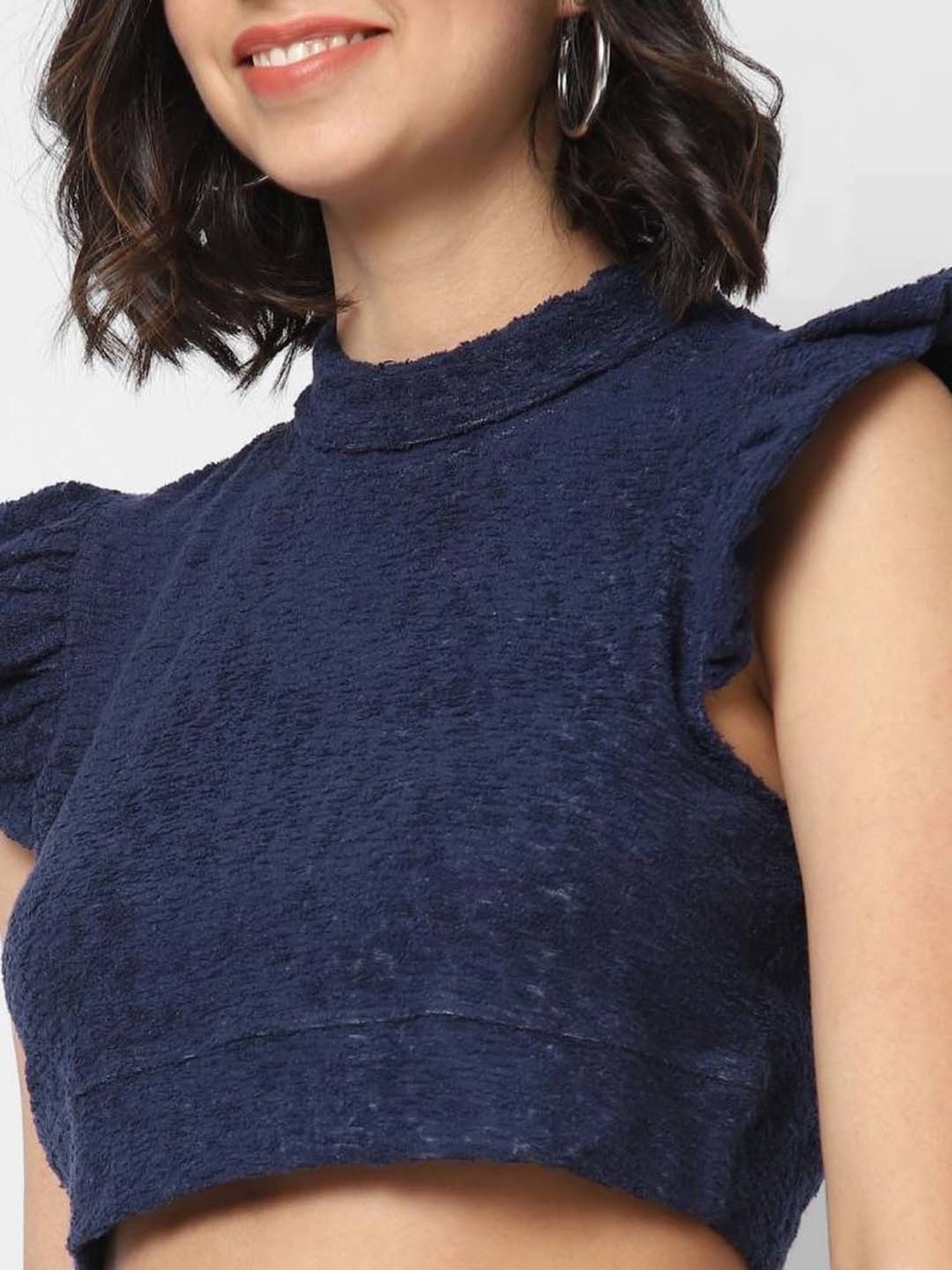 VASTRADO Navy Cap Sleeves Crop Top