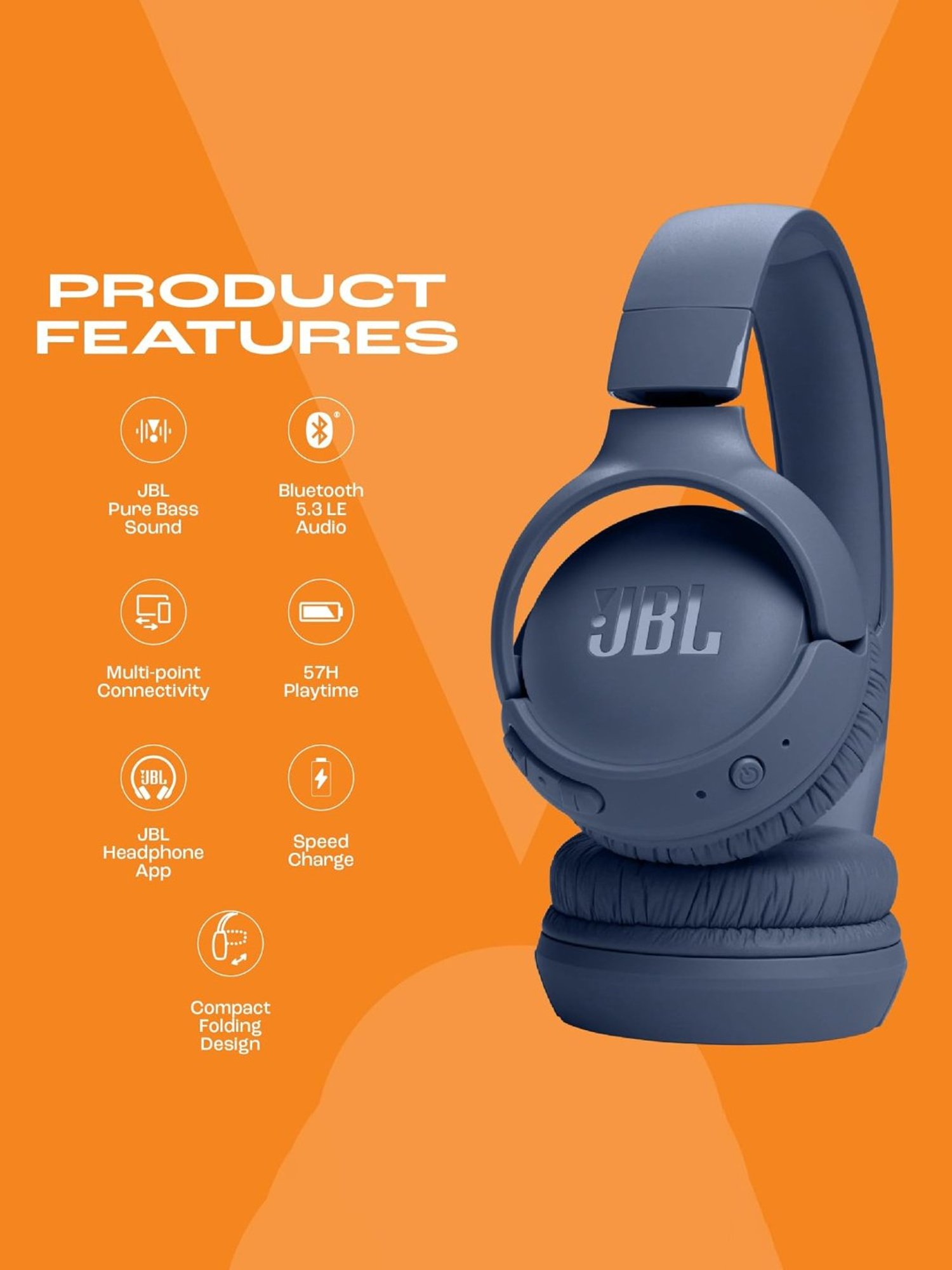 JBL Tune 520BT On Ear Wireless Bluetooth Headphones with Upto 57 Hrs Playtime (Blue)