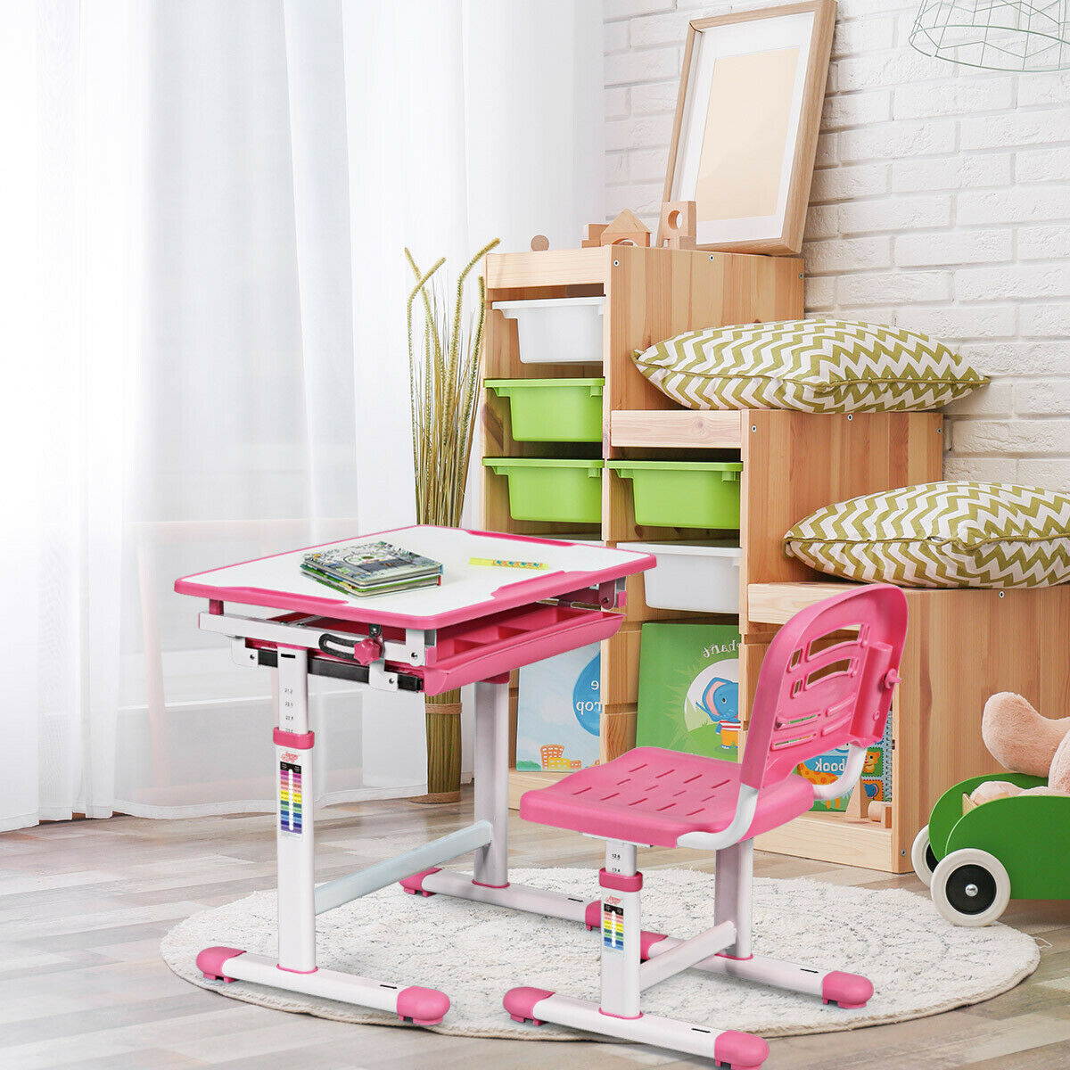 Height Adjustable Children&rsquo;s Desk Chair Set Multifunctional Study Drawing Pink