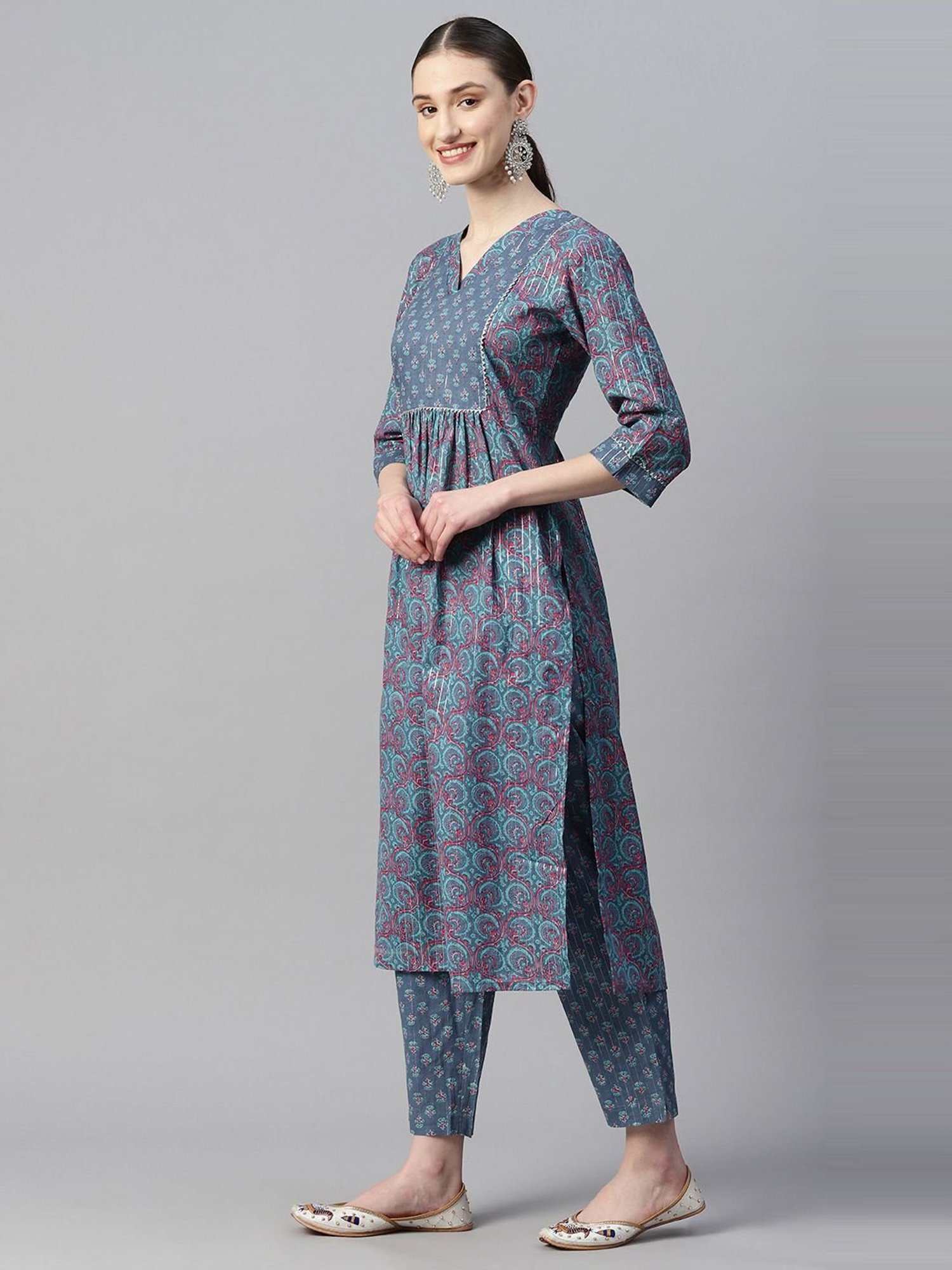 Indibelle Blue Cotton Floral Print Kurta Pant Set