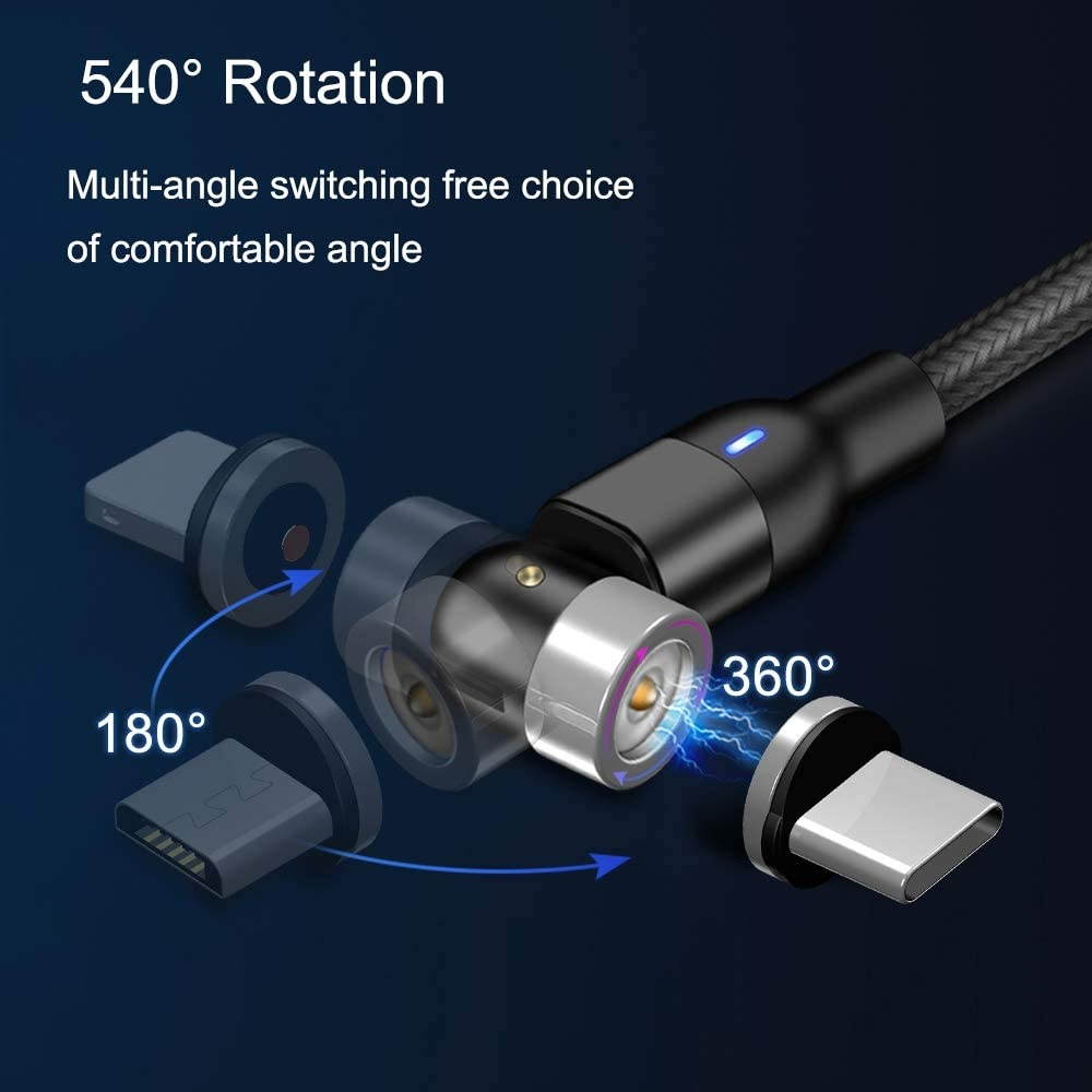 Magnetic Charging Cable 10ft [3-Pack] Melonboy 360&deg&180&deg Rotation Magnetic Phone Charger Cable Nylon Braided 3 in 1 Magnetic Cable Compatible with Micro USB Type C and iProduct - Black