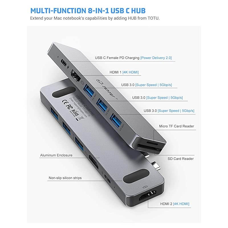 USB C Hub 8 in 2 USB Type C Adapter Docking Station Triple Display for Mac OS Compatible for MacBook Pro 20192016 MacBook Air 20192018 with Dual 4K HDMI 87W PD 3 USB 30 SDTF Card Reader