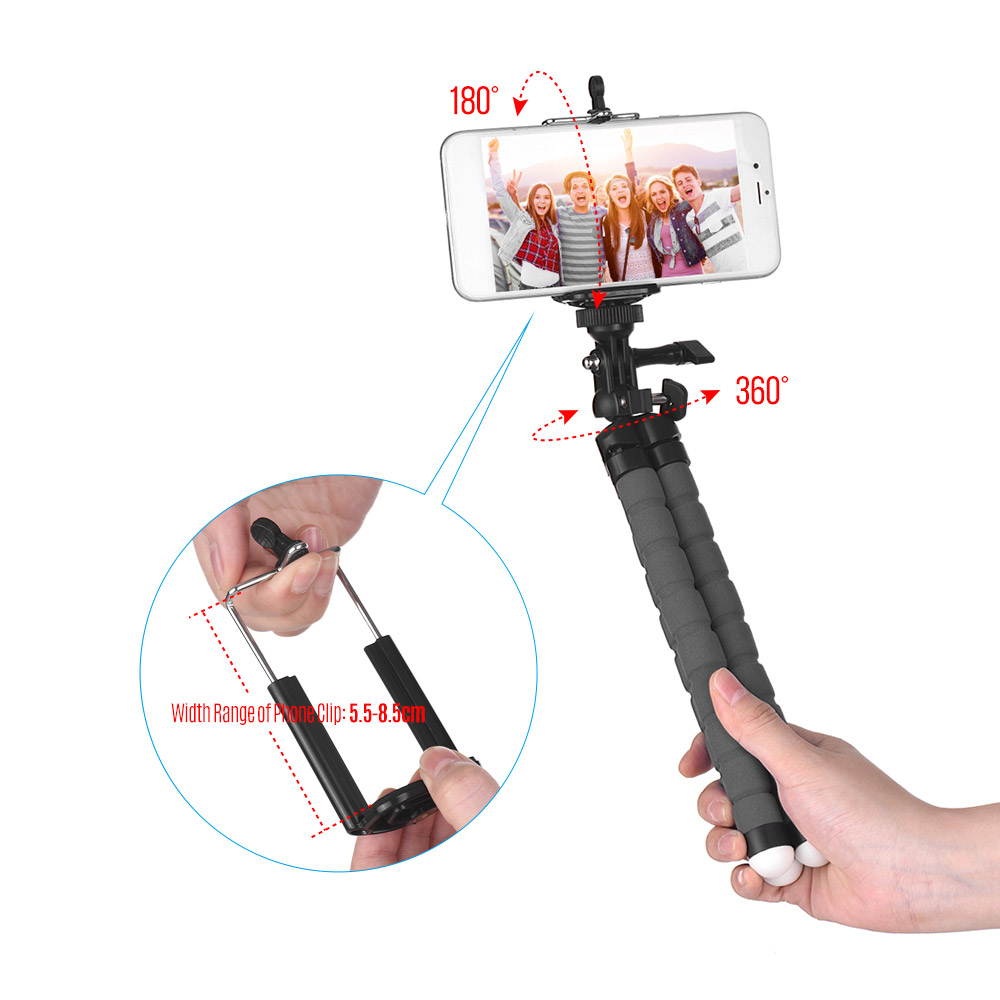 Flexible Sponge Octopus Tripod Stand Holder with Smartphone Clip 1/4 Inch Screw 360 Degree Rotation for iPhone Huawei Samsung GoPro Camera Video Camera