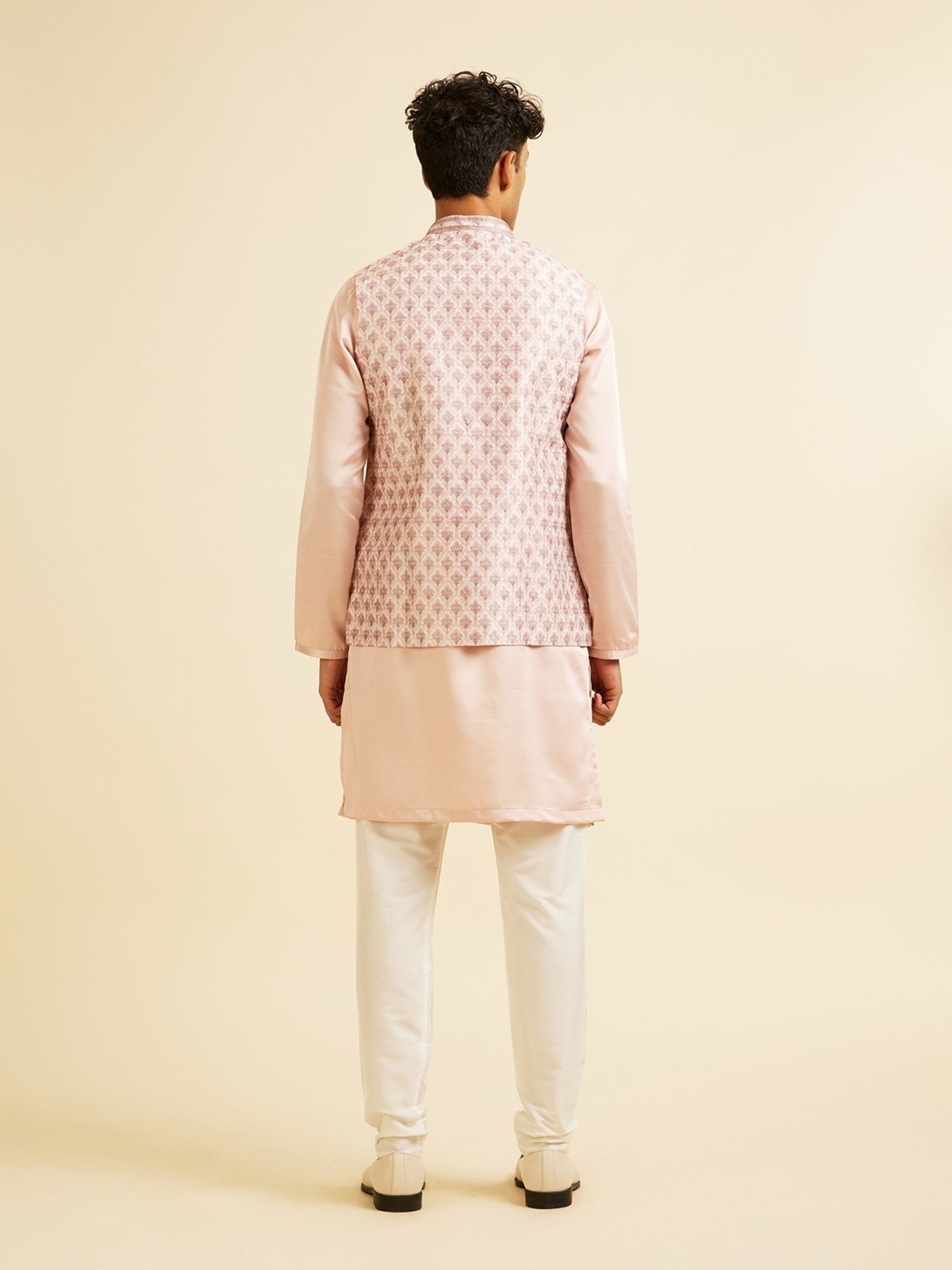 Manyavar Peach Regular Fit Floral Print Nehru Jacket