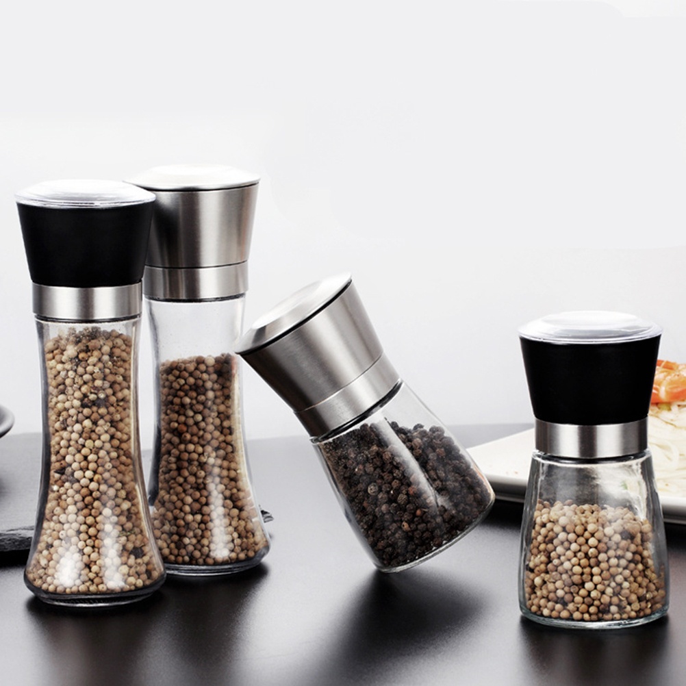 2pcs Stainless Steel Pepper Grinder Manual Pepper Mill Glass Bottle Pepper Mill Cruet Cooking Grinding Tool (Black Taper + Slim Waist)