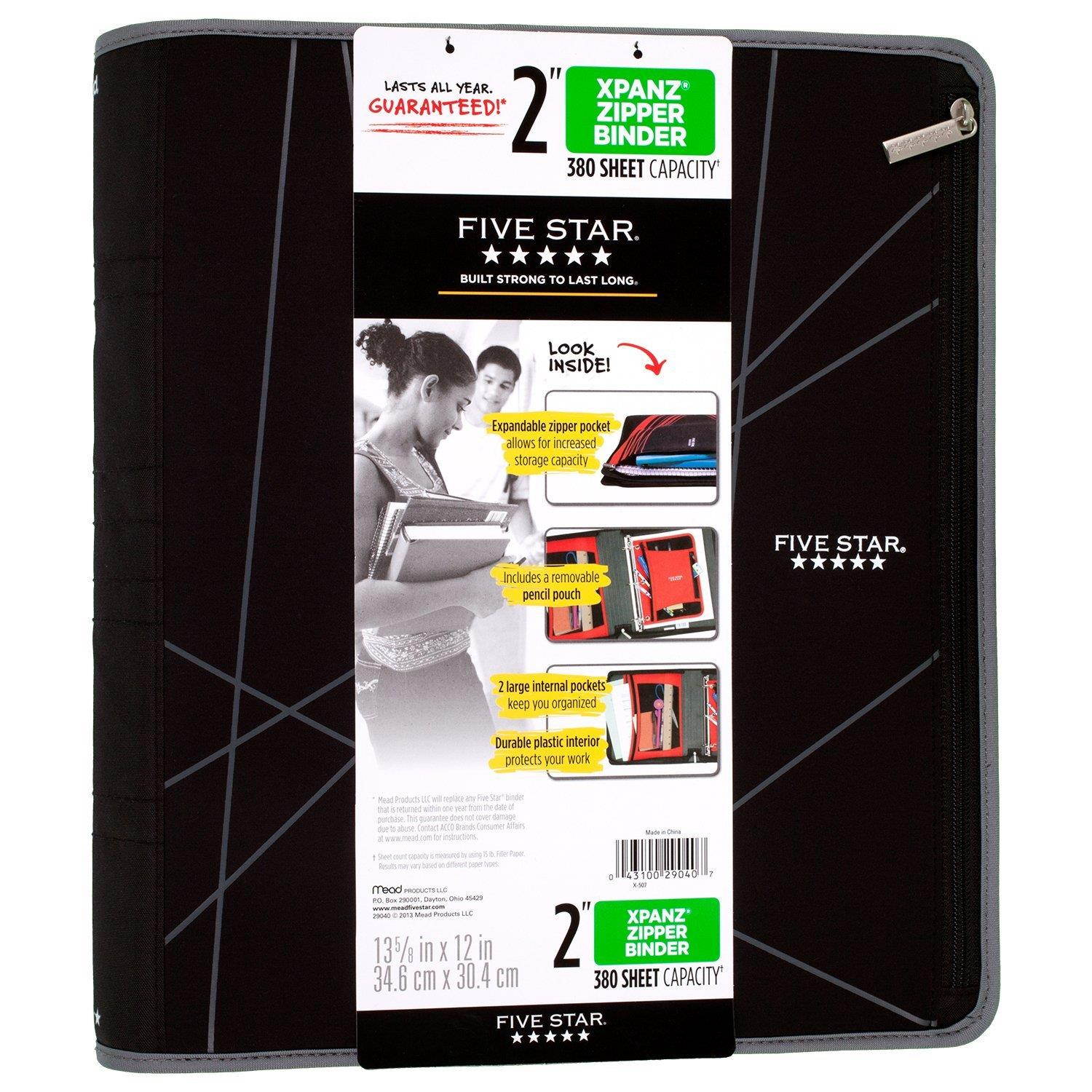 Five Star 2 Inch Zipper Binder, Ring Binder, Xpanz, Color Selected For You (29040)
