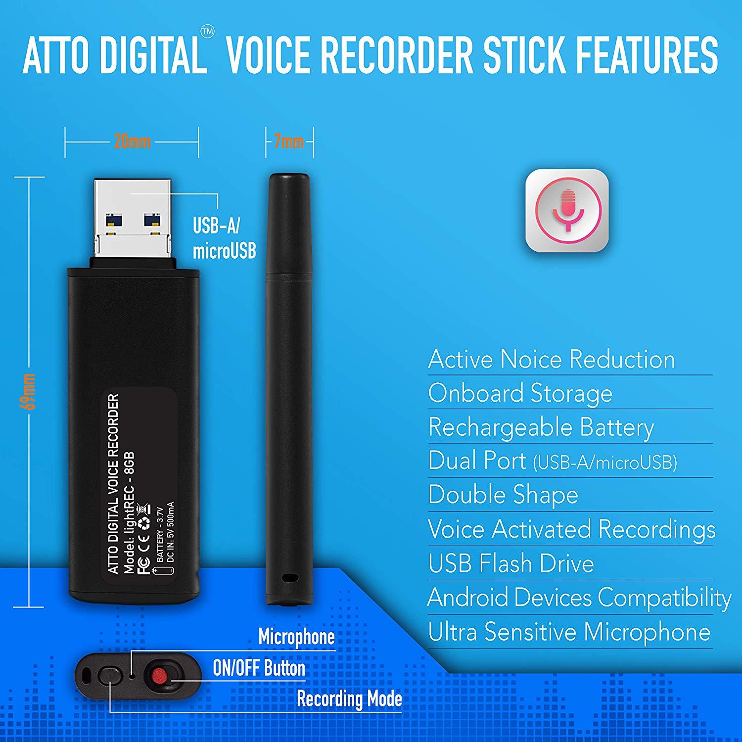 Slim Voice Activated Recorder &ndash; USB Flash Drive | 26 Hours Battery | 8GB - 94 Hours Capacity | 512 Kbps Audio Quality | Easy to Use USB Memory Stick Sound Recorder | lightREC by aTTo Digital