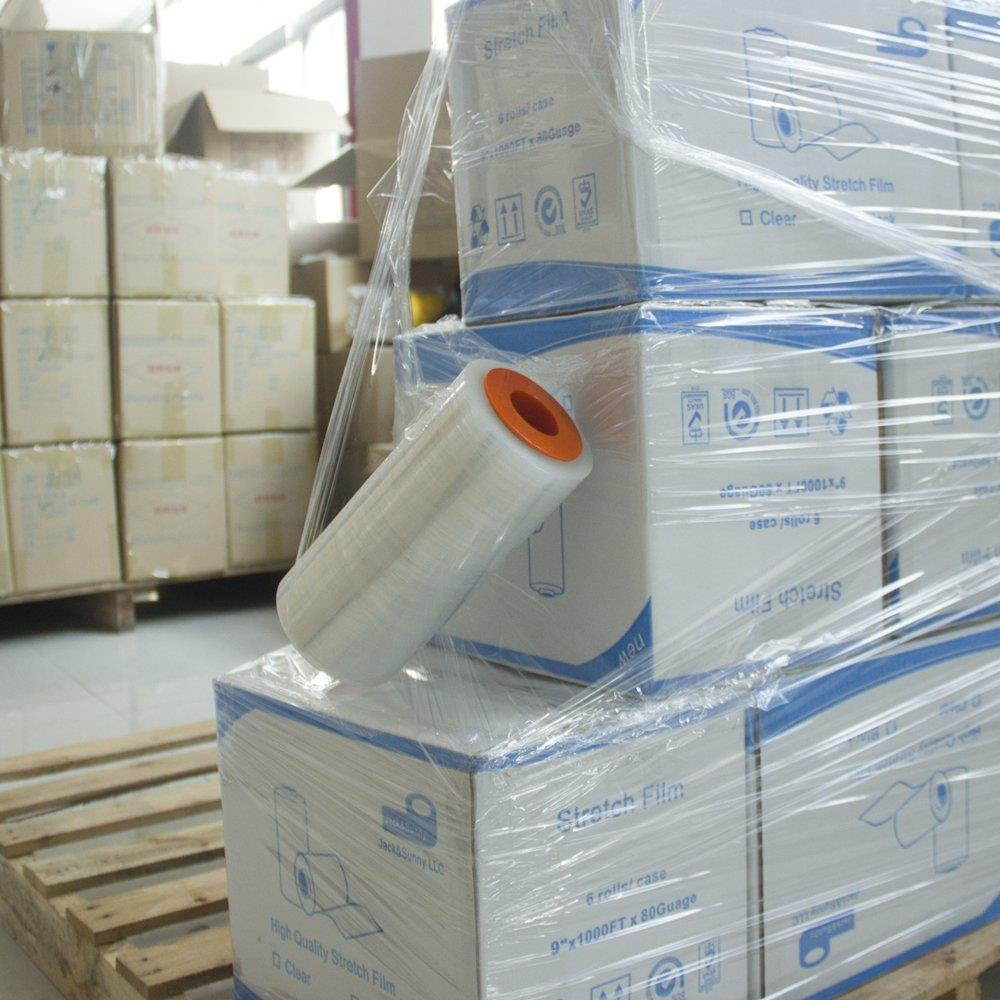 Jack&Sunny Stretch Wrap 9''x 1000 Ft 80 Gauge with 1 Pair of Plastic Hand Saver for Moving Shipping Packing Depot&Storage Industrial Hand Stretch wrap Film Clear (Clear with Hand Saver, 1-roll)