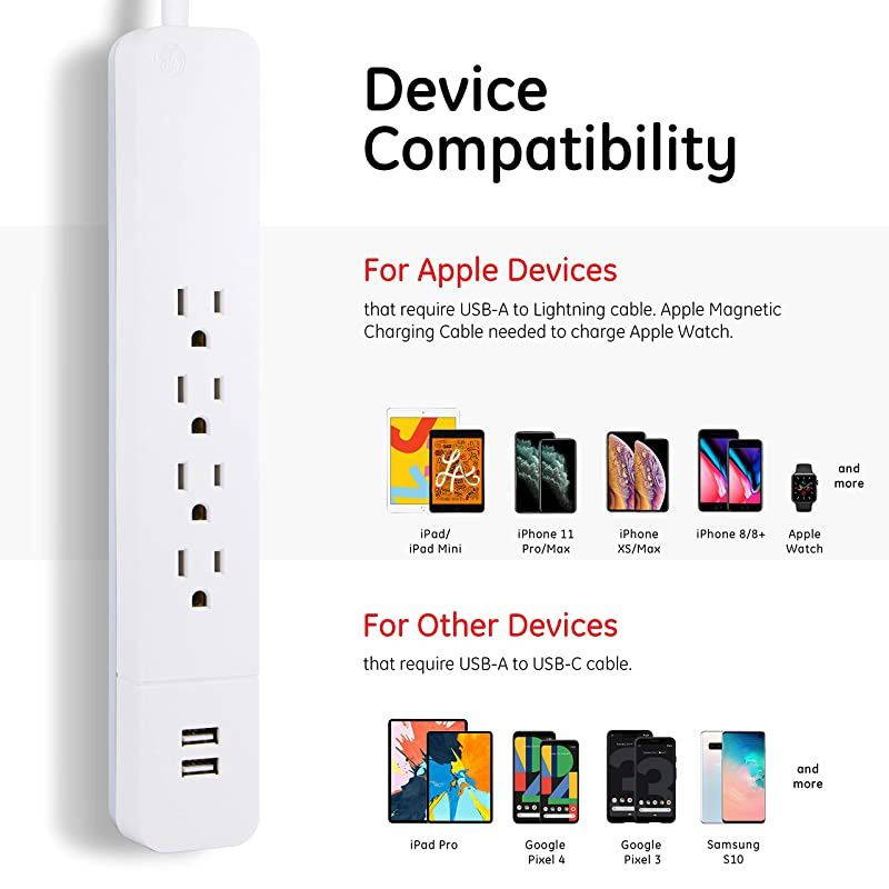 4 Outlet Total 10W/2.1A 2 USB Sur Protector, 3 Ft Long Extension Cord, for iPhone 11 Max/XS/XR/X/8, iPad Pro, Samsung Galaxy, Google Pixel, 560 Joules, UL Listed, White/Gray, 37212