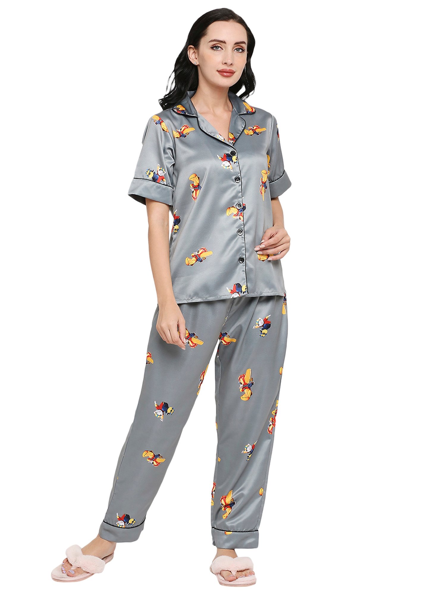 Smarty Pants Light Grey Satin Print Shirt With Pyjamas