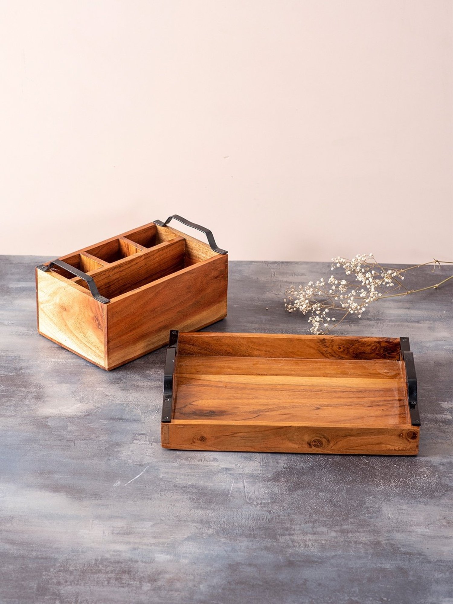 Nestroots Brown Wood Serving Tray & Cutlery Holder Combo