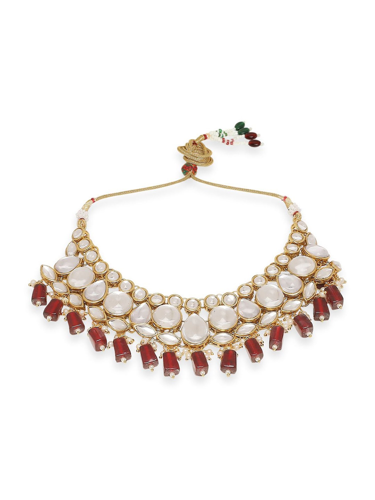 OOMPH Maroon Beads & Kundan Heavy Ethnic Jadau Choker Necklace Set with Drop Earrings