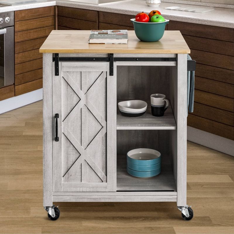 33" Sliding Door Kitchen Cart with Wood Top Saw Cut White - Home Essentials