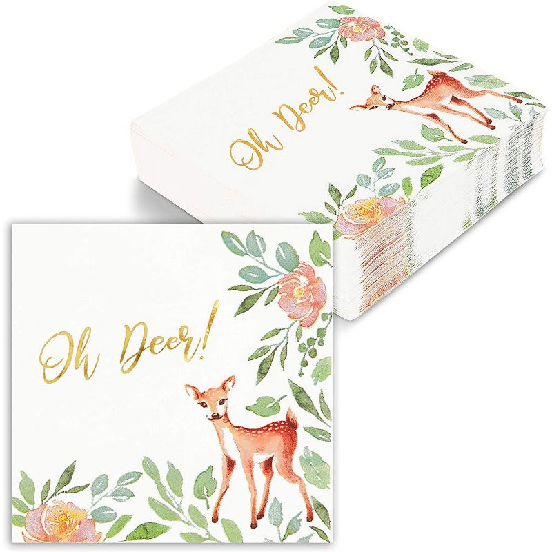 Sparkle and Bash 50 Pcs Disposable Paper Napkins Oh Deer Floral Girl Baby Shower 1 First Birthday Party Supplies