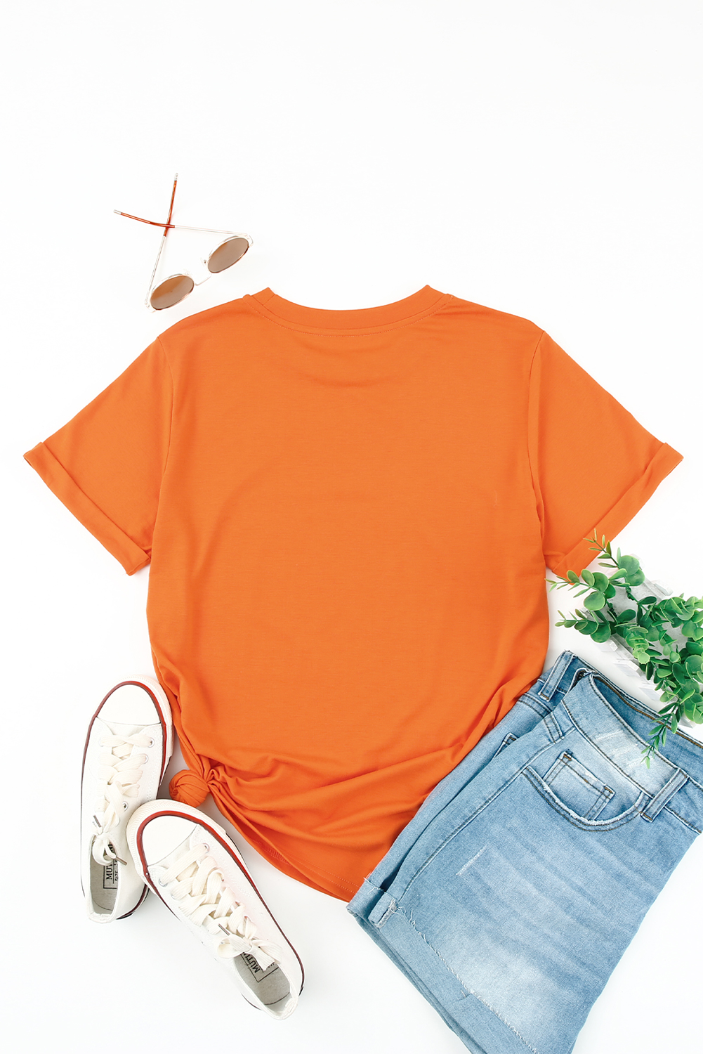 Blank T Shirt - Orange Crewneck Rolled Up Short Sleeve Plain T-Shirt Customized