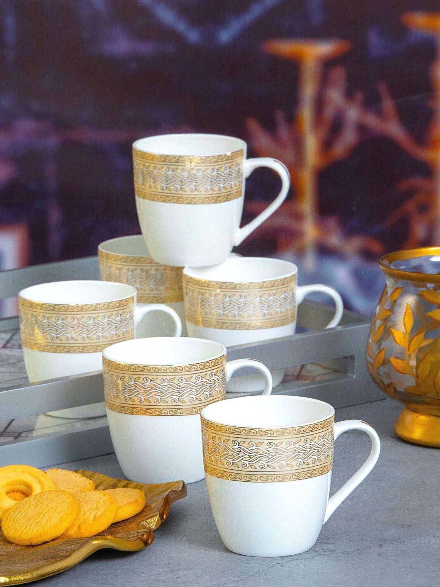 SONAKI White & Golden Bone China Tea Cup (0.17 L) - Set of 6