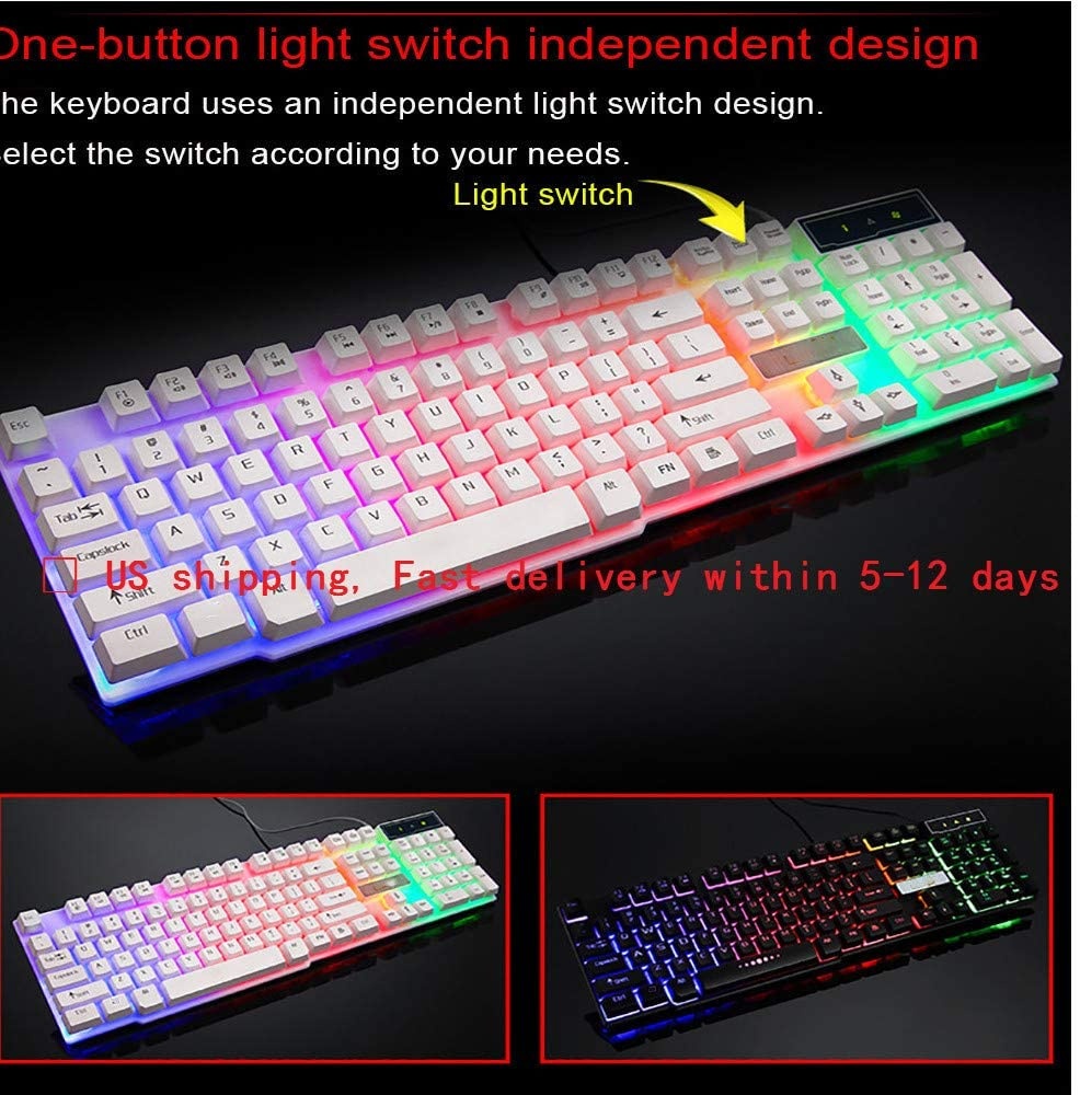 Keyboard US Stock- Gaming Keyboard Waterproof Colorful Crack LED Illuminated Backlit USB Wired PC Rainbow 104 Keys for Windows PC Gamer (Black)