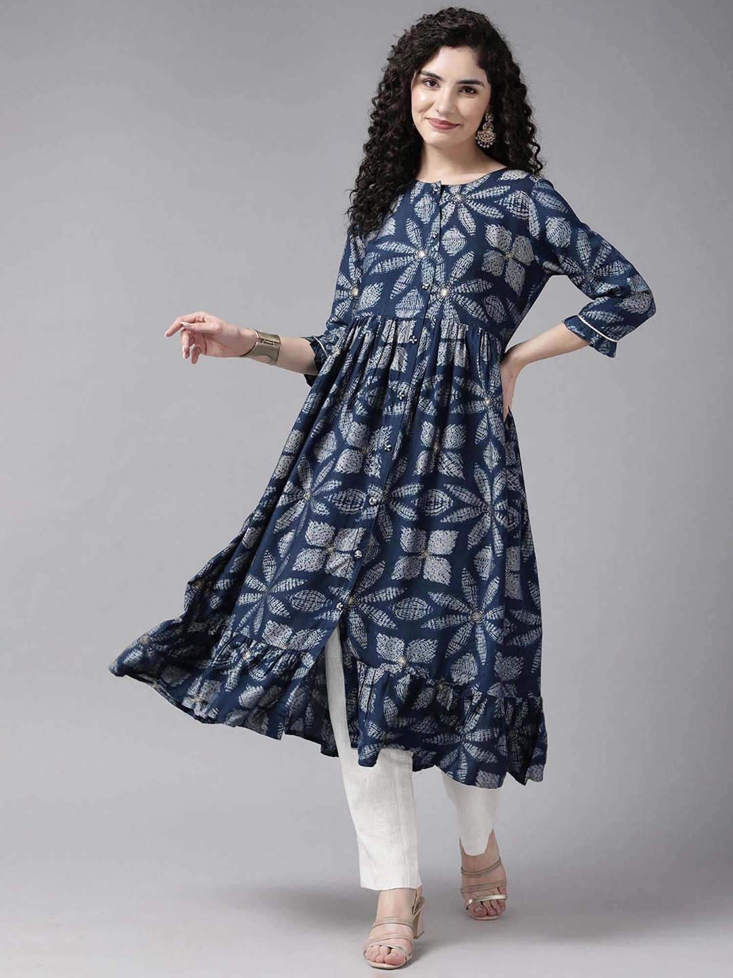 Cayman Blue Cotton Floral Print A Line Kurta