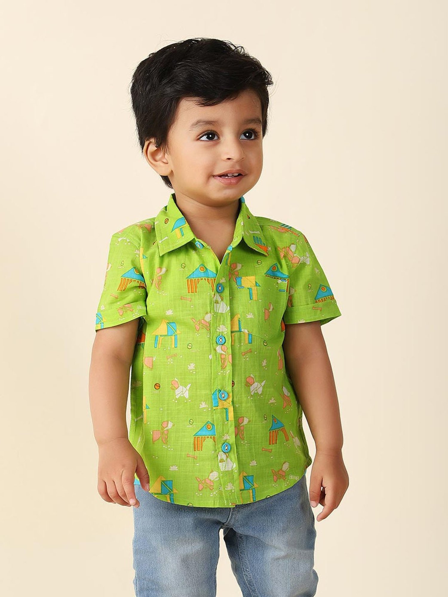 Fabindia Kids Green Printed Shirt