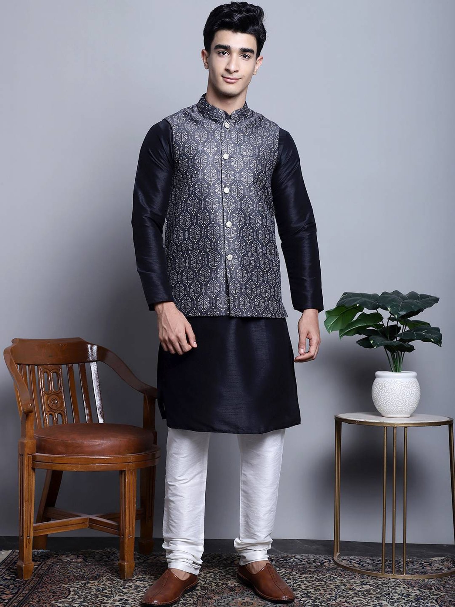 Jompers Charcoal Regular Fit Printed Nehru Jacket