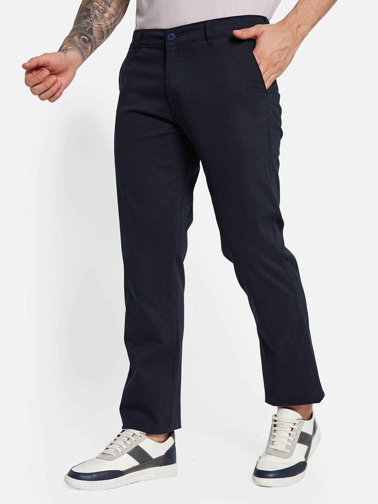 Octave Navy Cotton Regular Fit Trousers