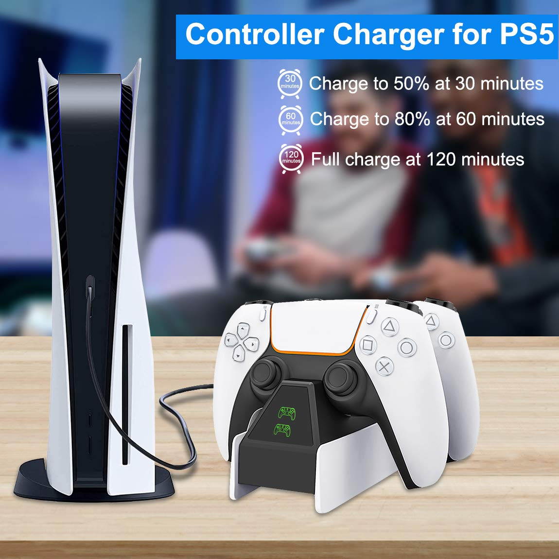 PS5 Dualsense Charging Station, PS5 Controller Charger Station with LED Indicator, Intelligent Chip Protection, USB Cable Fast Charging