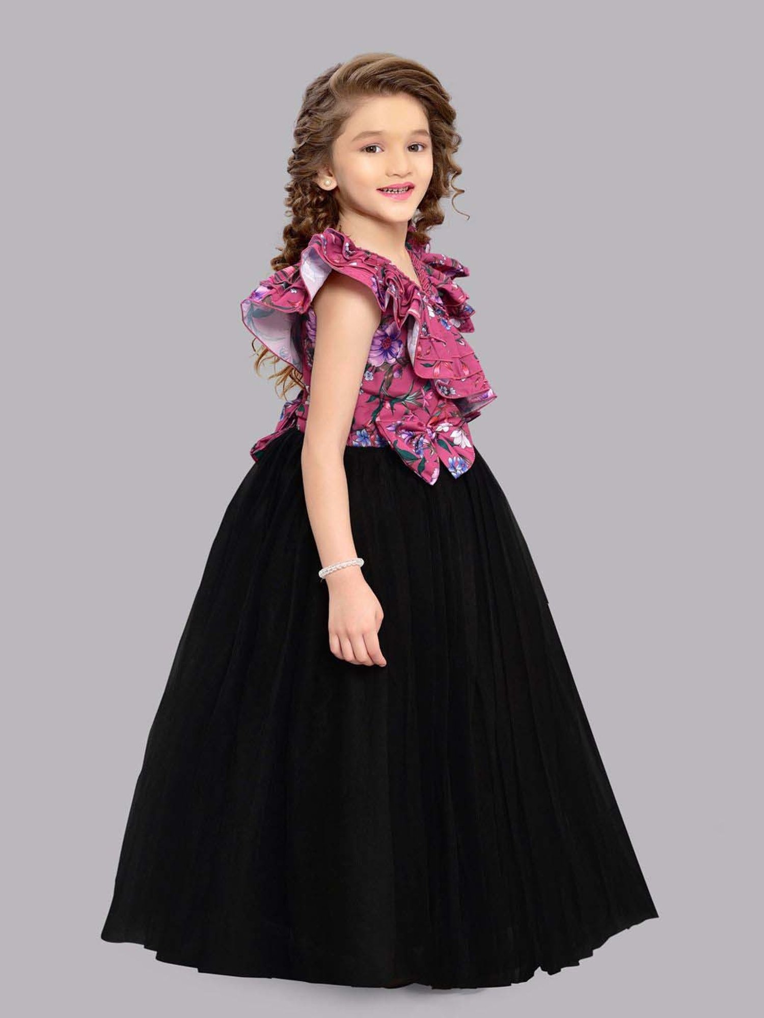Pink Chick Kids Pink & Black Floral Party Gowns