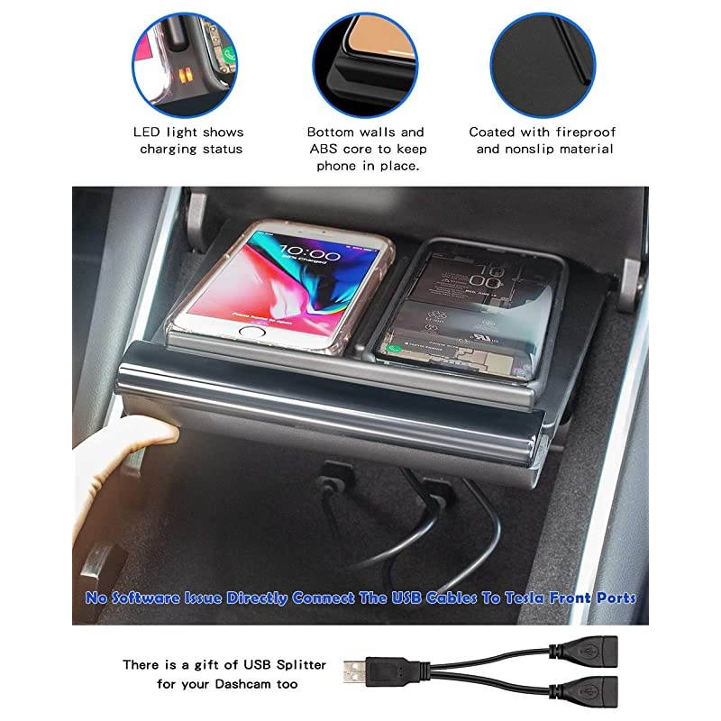 Tesla Model 3 Wireless Charger Dual Wireless Smartphone Charging Pad M3 Car Interior Center Console Accessories for Any Enable Phone Compatible with Tesla Model 3 No Software Issue