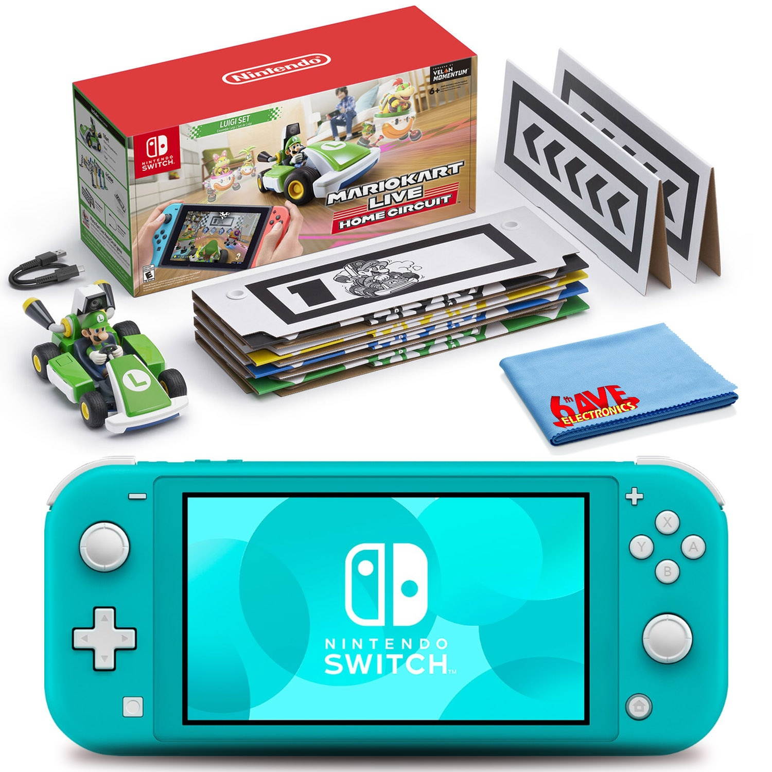 Nintendo Switch Lite (Turquoise) with Mario Kart Live (Luigi) + 6Ave Cloth