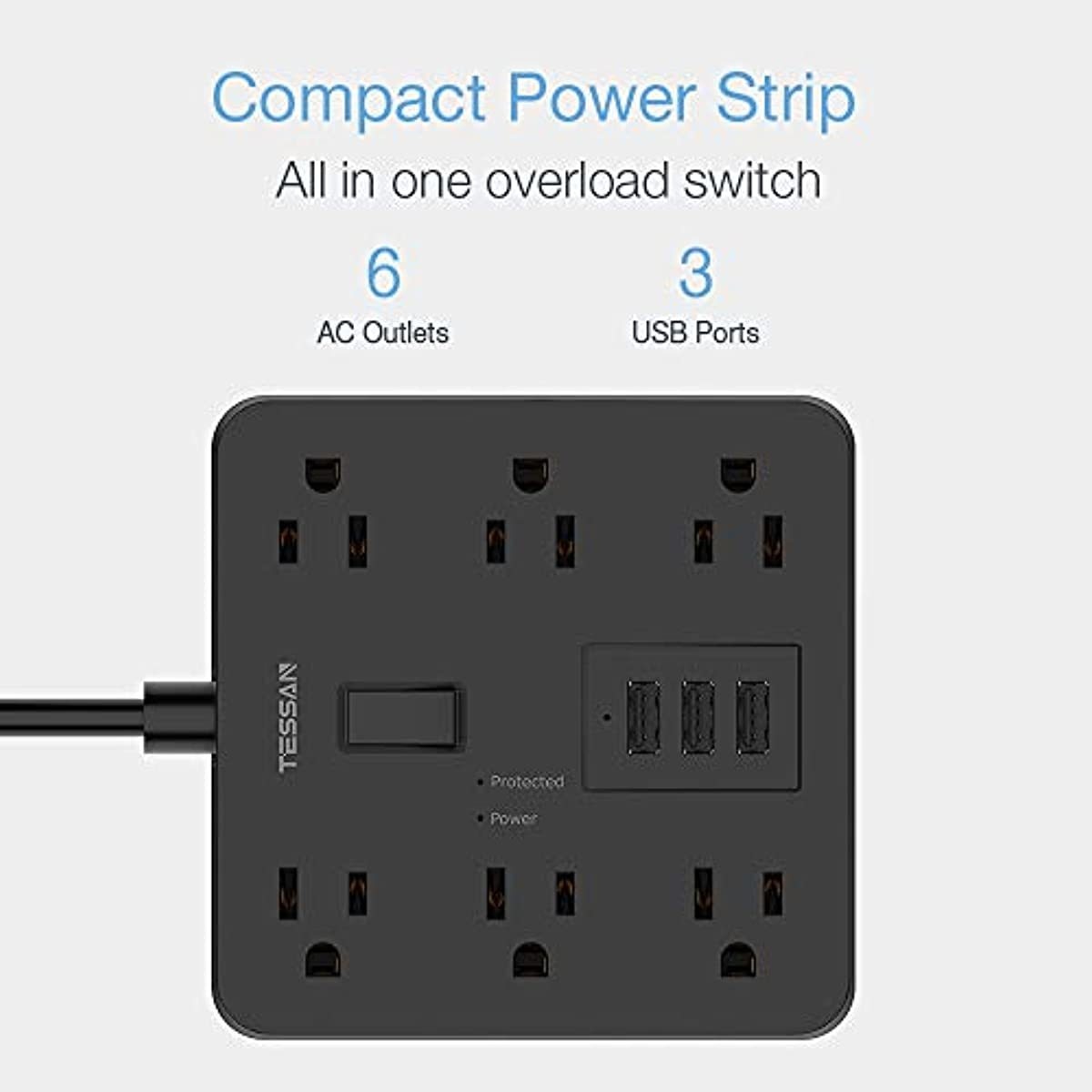 Power Strip with USB, TESSAN Desktop 5 Ft Extension Cord Flat Plug with 6 Widely Spaced Outlets, Built-in 1700J Surge Protector for Home and Office Accessories, Black