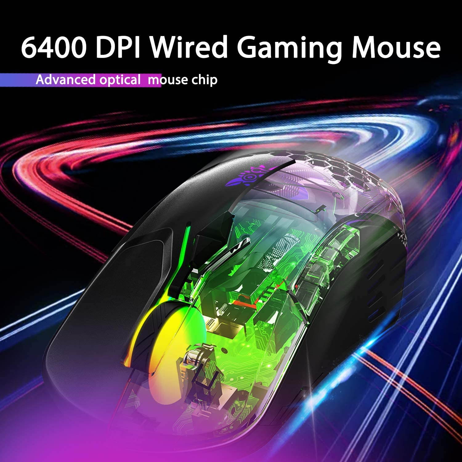 Gaming Mouse Wired, RGB Backlit 6400 DPI Adjustable Gaming Mouses, Grip Ergonomic Optical PC Computer Gaming Mice, 7 Buttons for Windows 7/8/10/XP Vista Linux