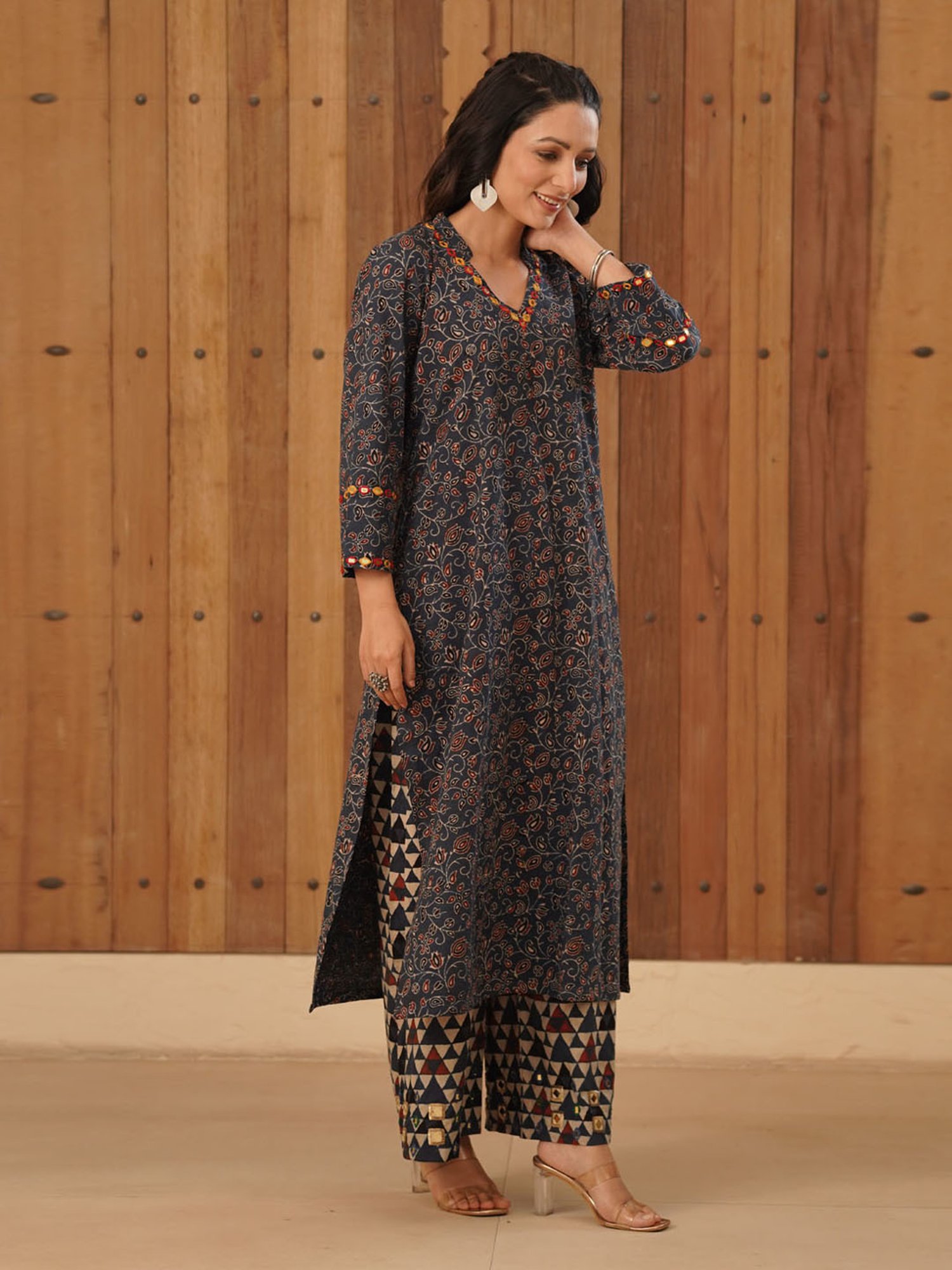 Love Chic Ajrakh Flare Kurta with side slits and 3/4th sleeves