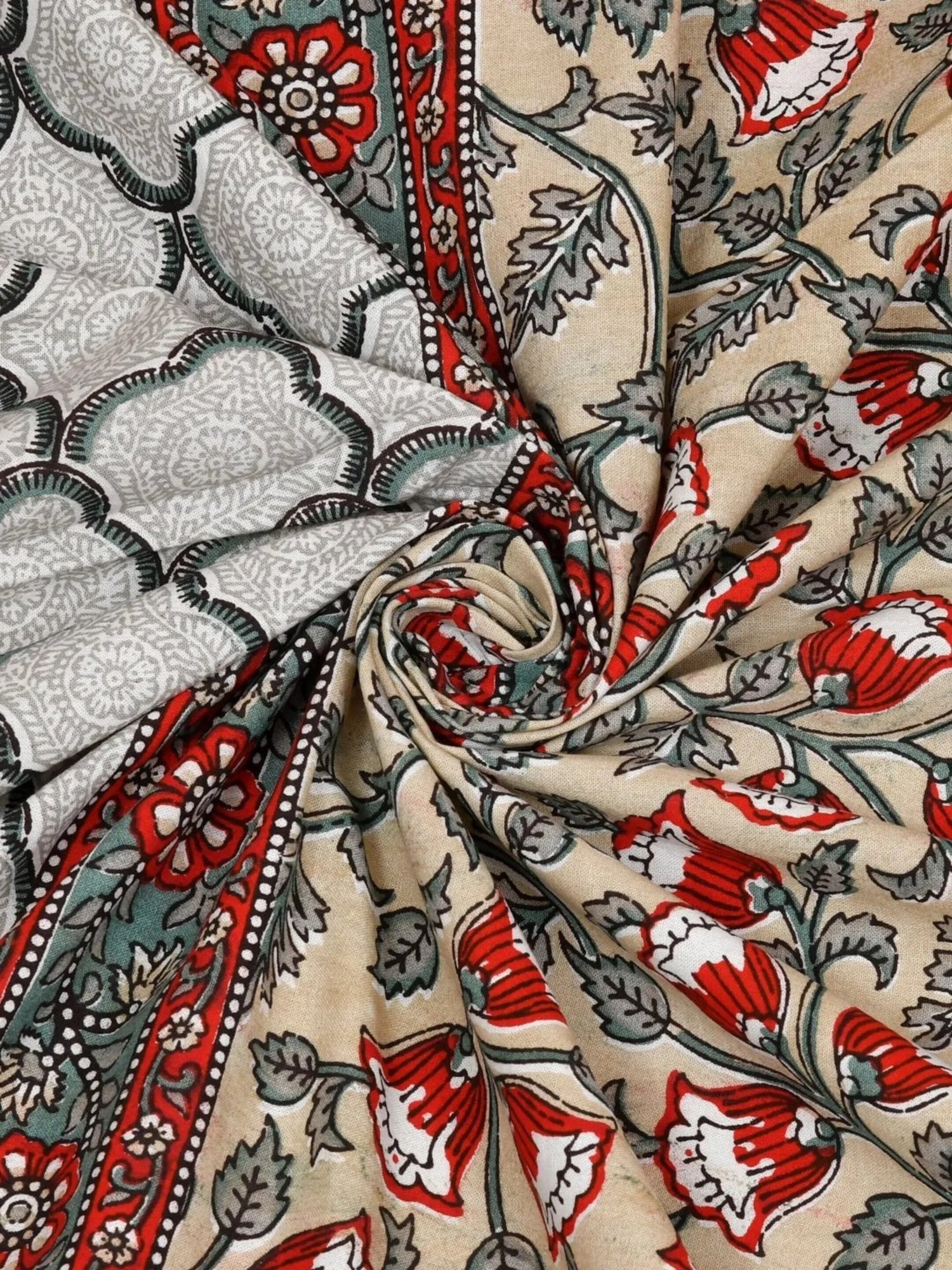 Living Roots Block Print Grey 300 TC Cotton Bedsheet with 2 Pillow Covers