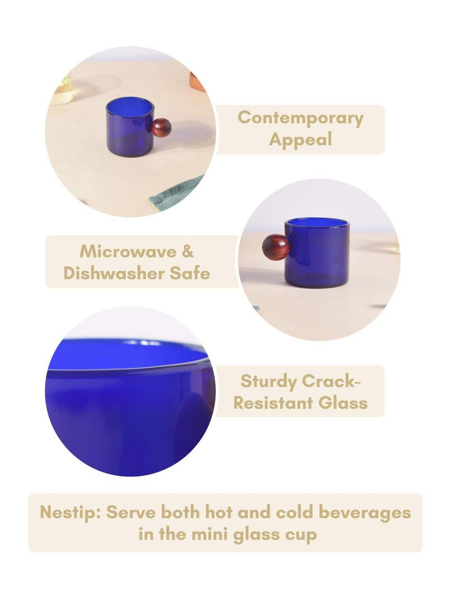 Nestasia Premium Translucent Blue Glass Mug with Knob-Shaped Wooden Handle, 100ml